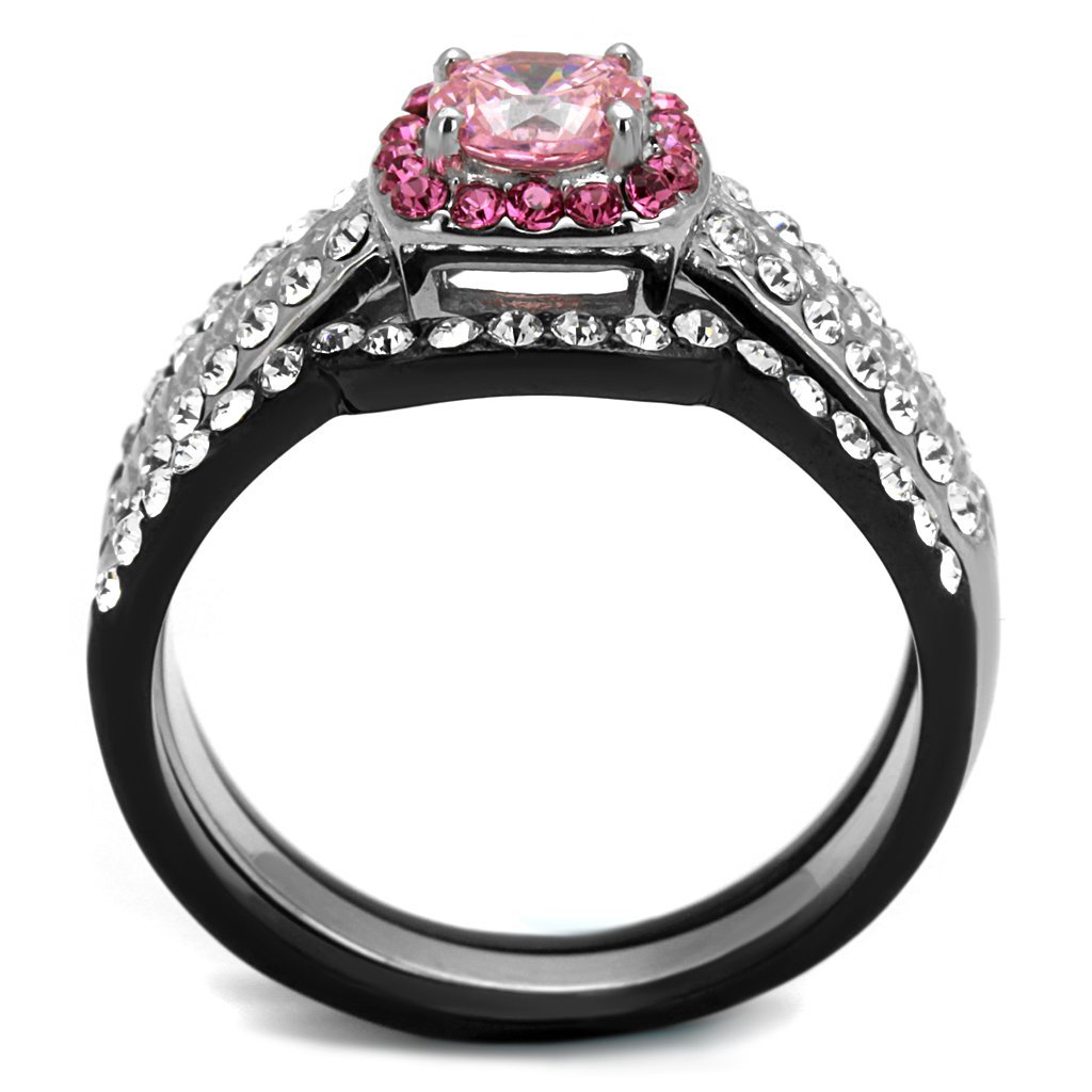 Women's Two-Tone Black Stainless Steel Rose CZ Ring Set for Wedding & Party