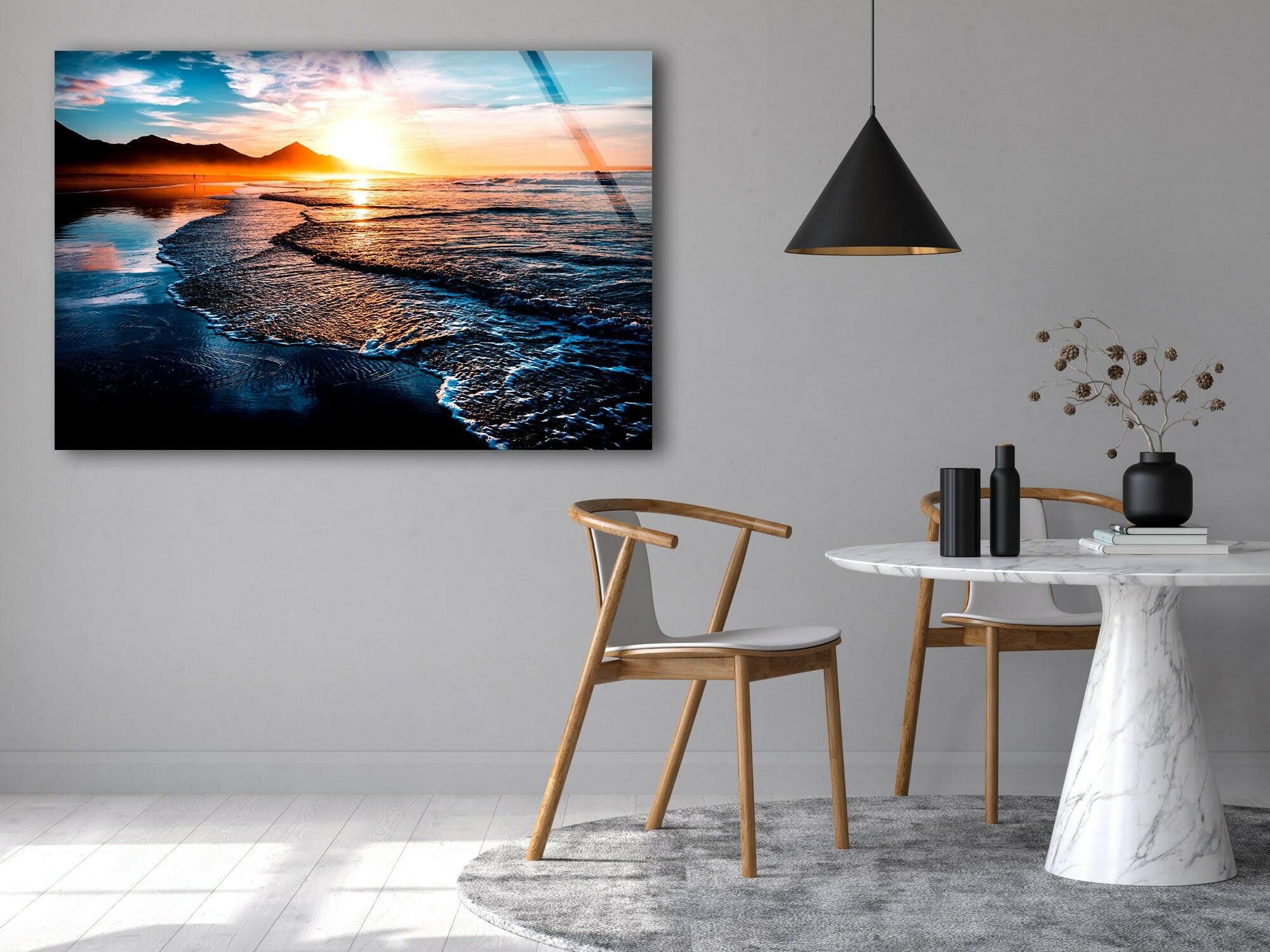 Sunset Beach & Ocean Waves Glass Wall Art - Coastal Home Decor for Living Room, Bedroom, or Office