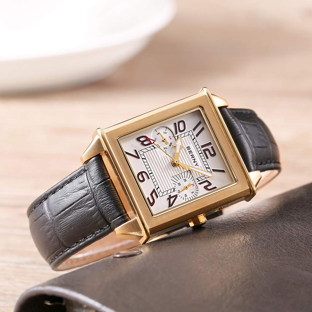 BERNY Men's Square Swiss Movement Quartz Watch with Calendar & Leather Strap - Stylish Dress Watch for Business, Formal Events & Everyday Wear