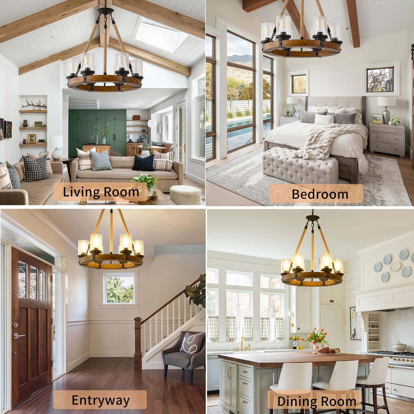 Farmhouse Wagon Wheel Chandelier - 6-Light Rustic Wood Ceiling Light with Seeded Glass Shades, Round Wooden Chandelier for Dining Room, Living Room, Kitchen & Foyer | Perfect for Country Homes, Cabin Decor & Western Style Interiors