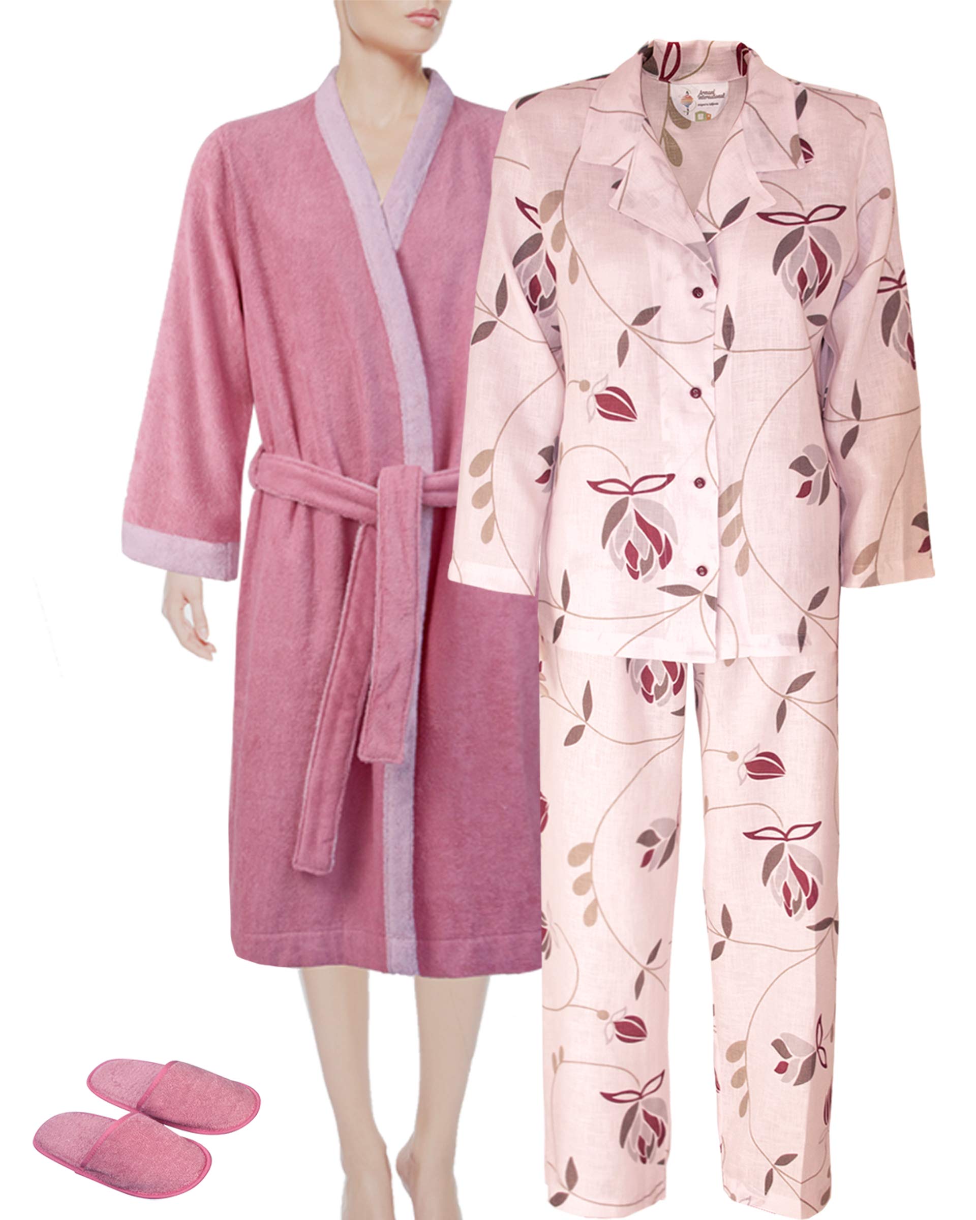 Gisele Kimono Robe with Matching Pajama Set & Slippers - Medium Size in Rose Pink | Women's Loungewear for Spa, Home Relaxation & Bridal Party