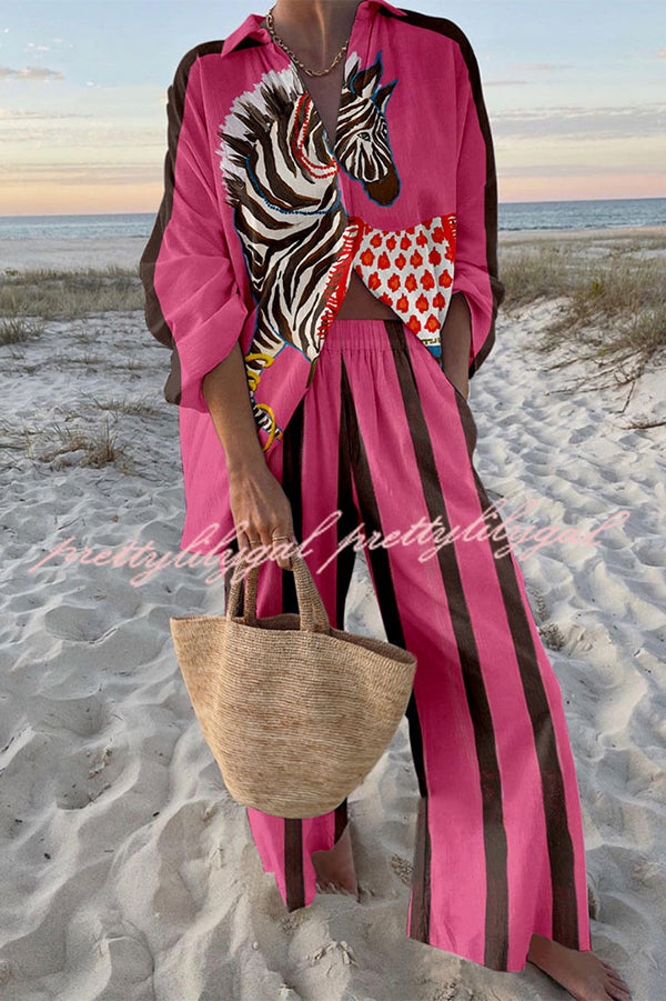 Stylish Zebra Print Oversized Shirt & Stretchy Waist Pocket Pants Set - Trendy Animal Print Lounge Outfit for Women, Casual Wear & Vacation Outfits