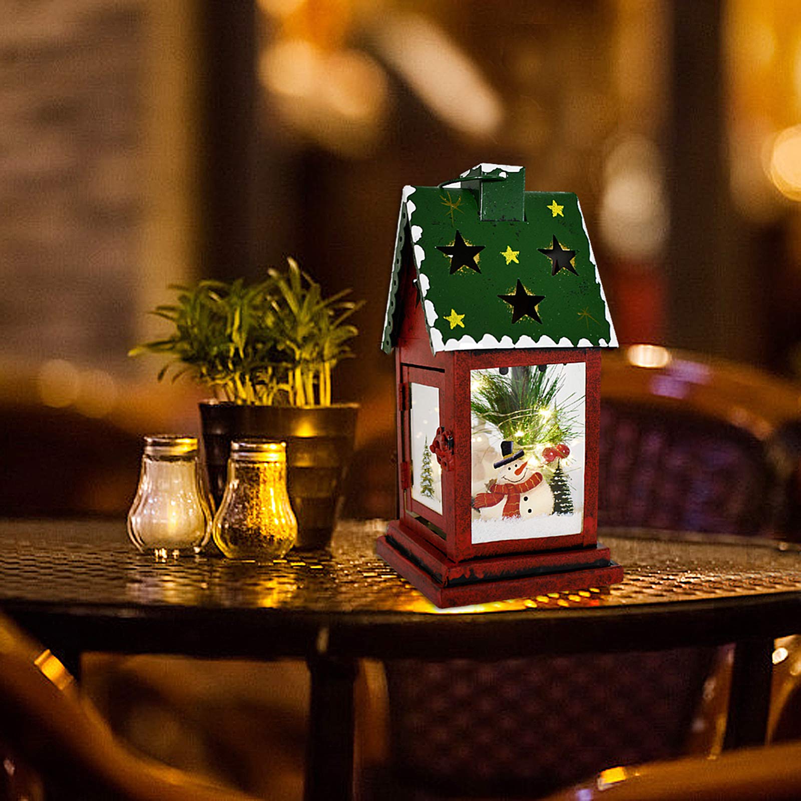 Rustic Metal LED Christmas Lantern Decor - Battery Operated Indoor/Outdoor Hanging & Tabletop Holiday Decorations (10x4.6x4.6 Inches, Green) | Perfect for Fireplace Mantel, Porch, Patio, Garden & Christmas Table Centerpiece