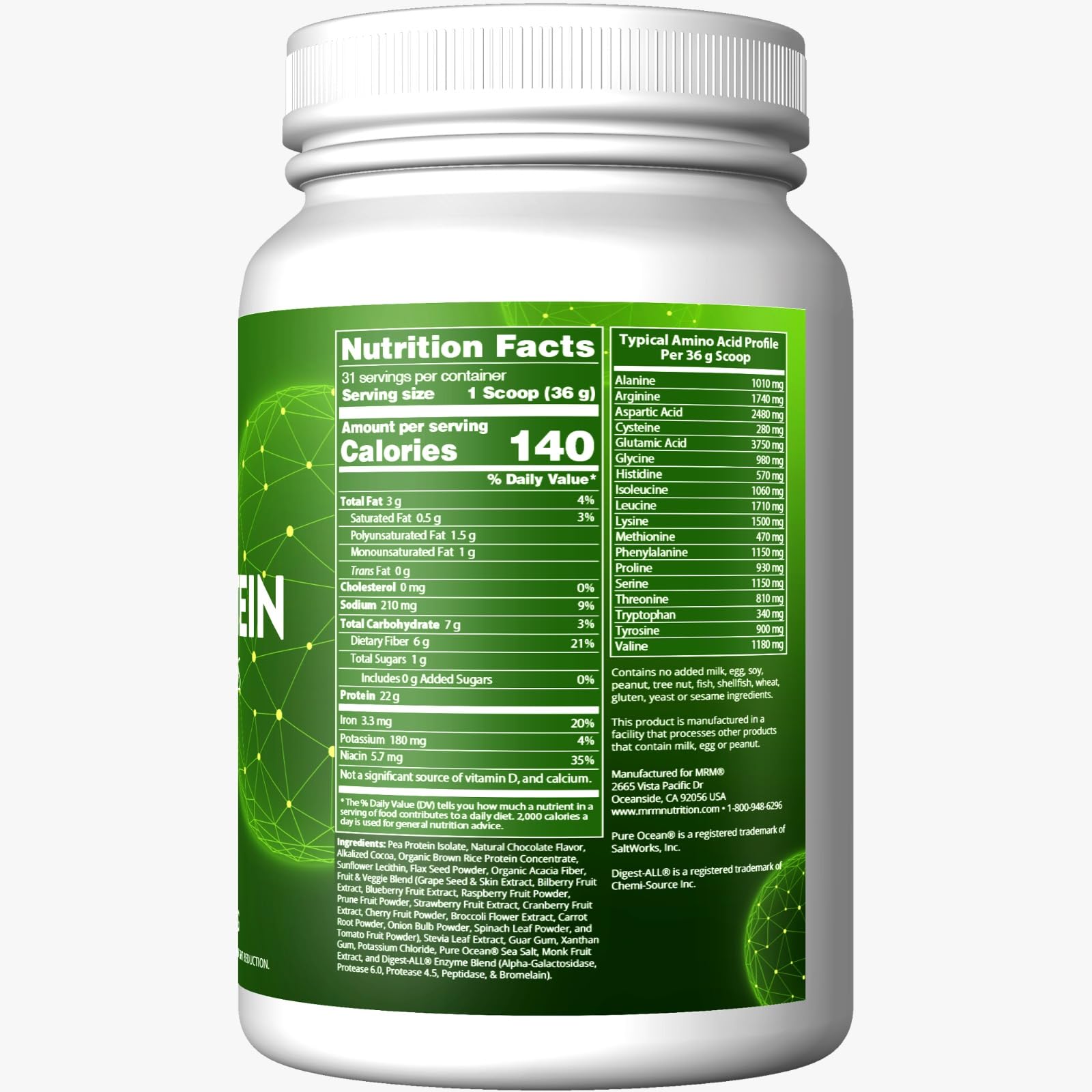 MRM Veggie Protein Powder - Vegan Protein Source, Gluten-Free & Preservative-Free, Non-GMO Verified Chocolate Flavor (2.5 lbs) - Perfect for Smoothies, Baking & Post-Workout Recovery