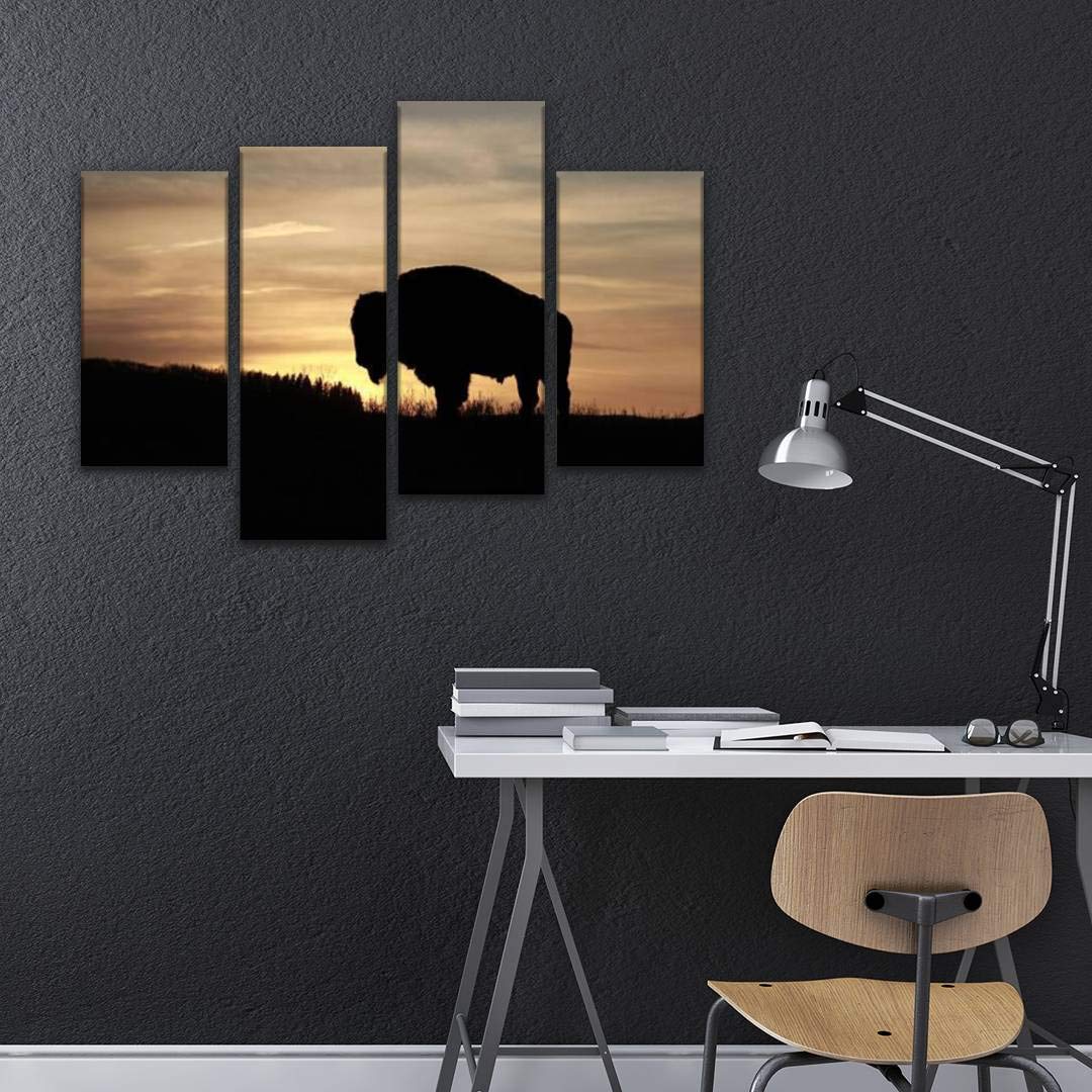 4 Panels Bison at Dusk Canvas Wall Art - Modern Framed Cattle Silhouette Paintings - Ready to Hang Home Decor for Living Room, Bedroom & Office