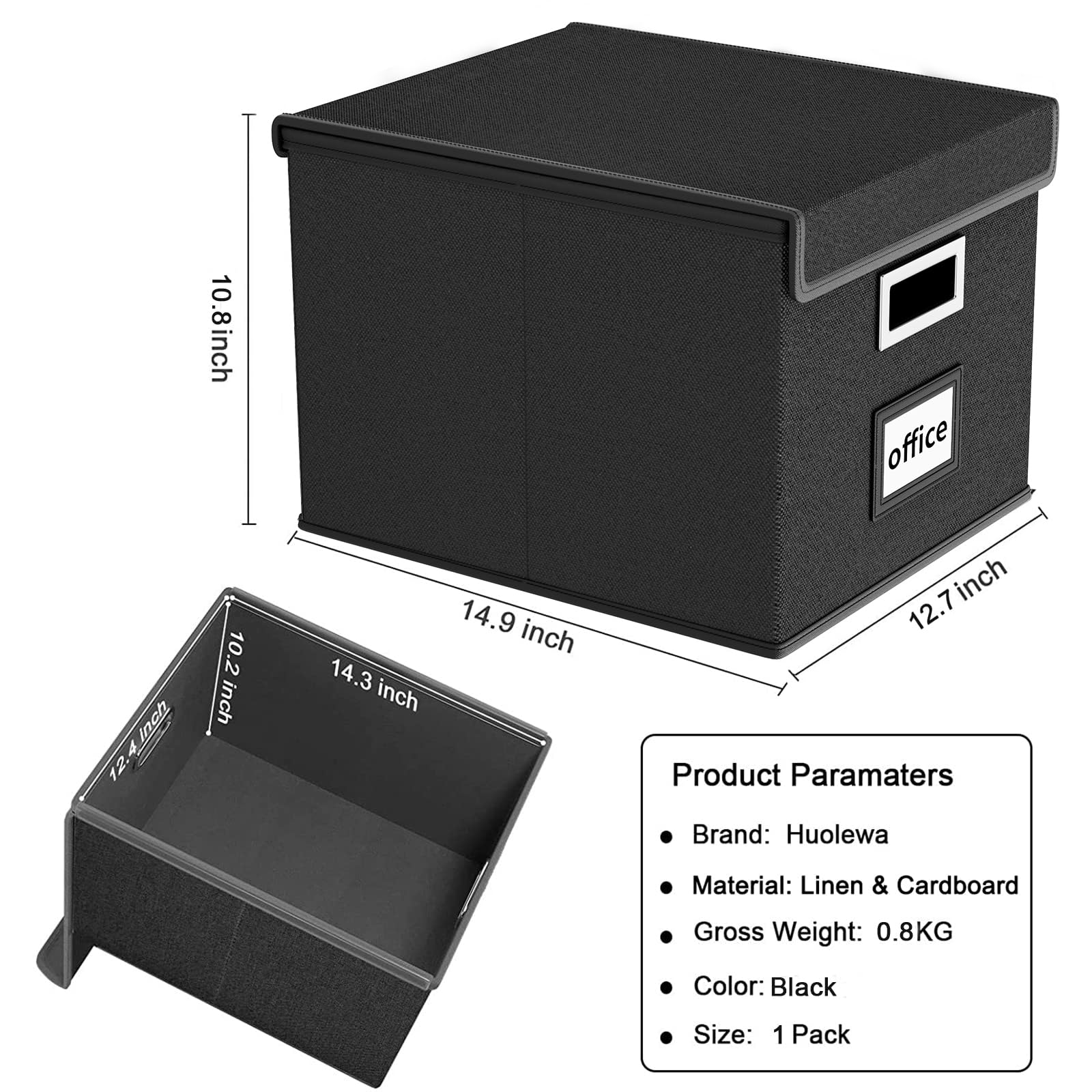 Huolewa Upgraded Portable File Organizer Box - Large Collapsible Linen Hanging Office Document Storage Box with Lid (Black, 14.9 x 12.59 x 10.8 inch) | Perfect for Home Office Organization, File Storage & Decorative Home Storage Solutions