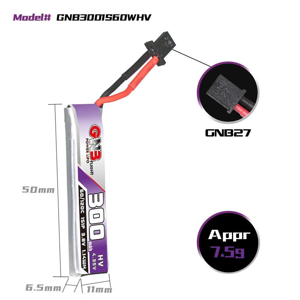 GNB 1S 300mAh 3.8V 60C/120C HV LiPo Battery with GNB27 High Current Discharge Plug - 4 Pack for RC Drones, FPV Racing, Mini Quadcopters, and Micro Airplanes