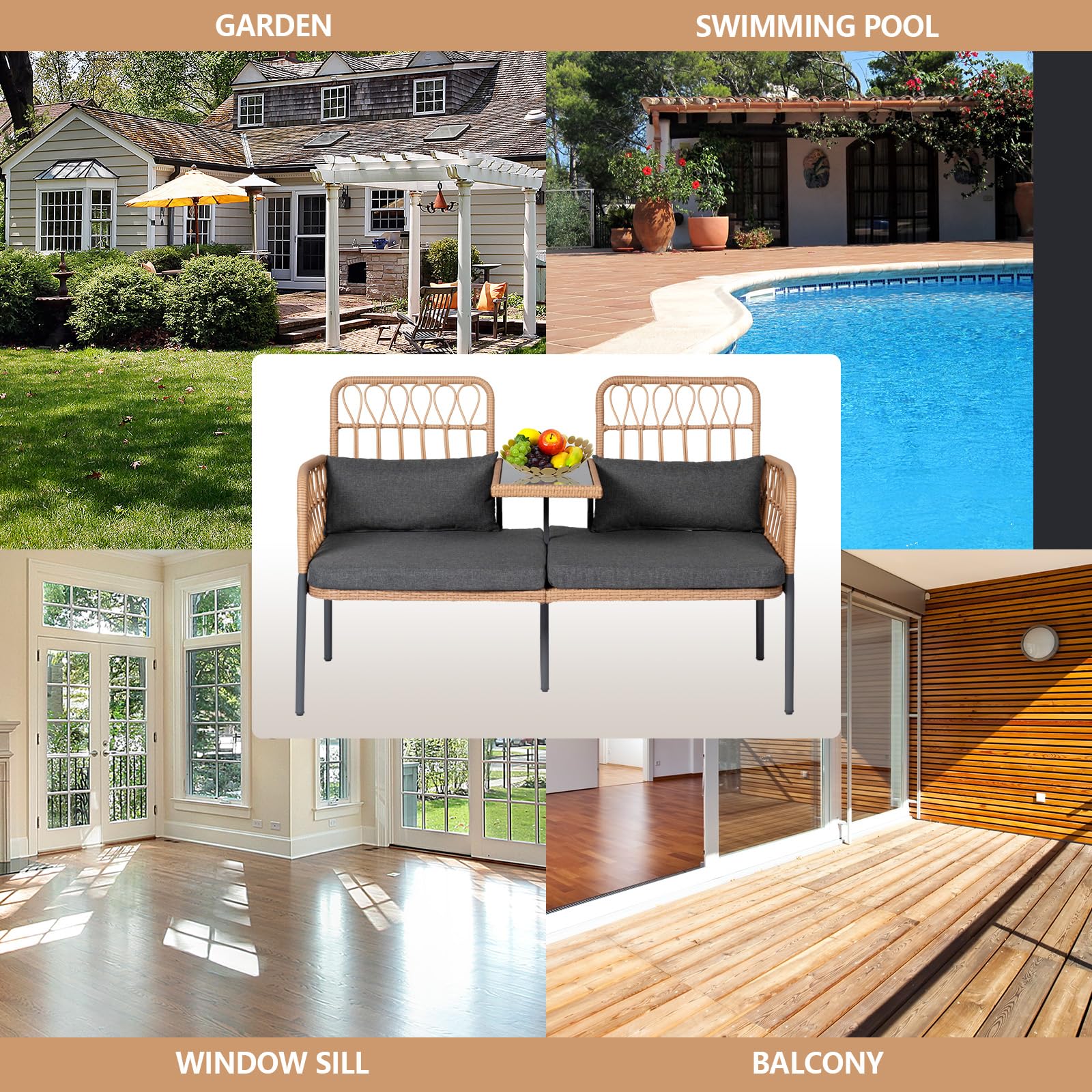 Outdoor Loveseat 2-Piece Patio Furniture Set - Wicker Porch Conversation Set with Cushions, Lumbar Pillows & Built-in Table | Perfect for Backyard, Garden, Deck or Poolside Relaxation