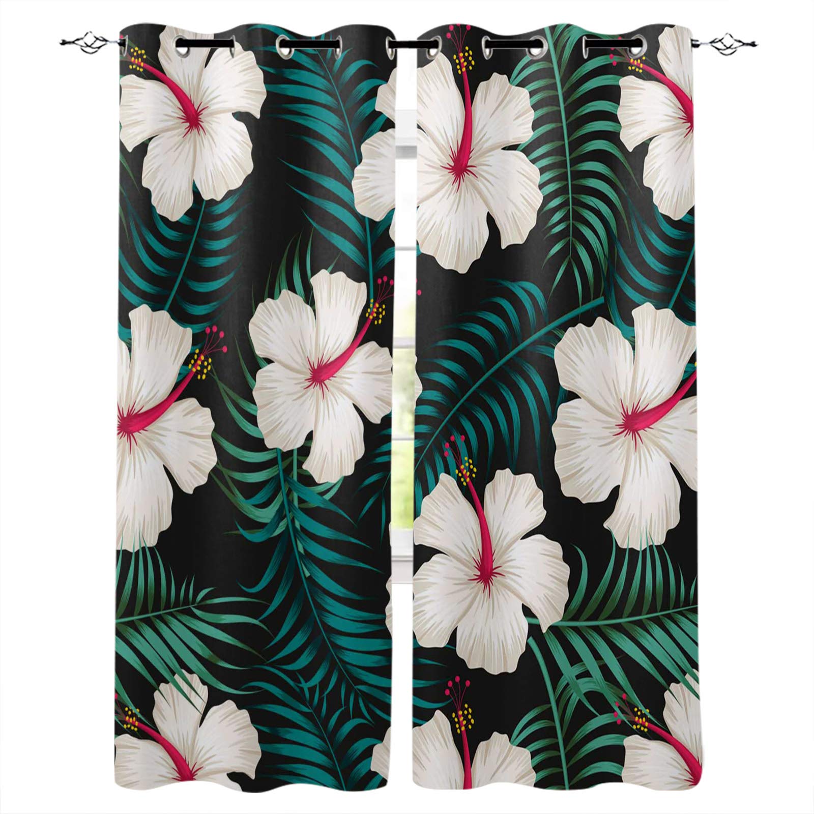 Victories Blackout Curtains 2 Panels - Thermal Insulated Room Darkening Window Drapes with Abstract Tropical Flowers & Leaves Design, 104