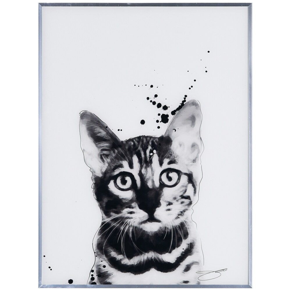 Bengal Cat Black and White Dog Wall Art - Reverse Printed Glass with Gunmetal Frame | Modern Home Decor for Living Room, Bedroom & Office
