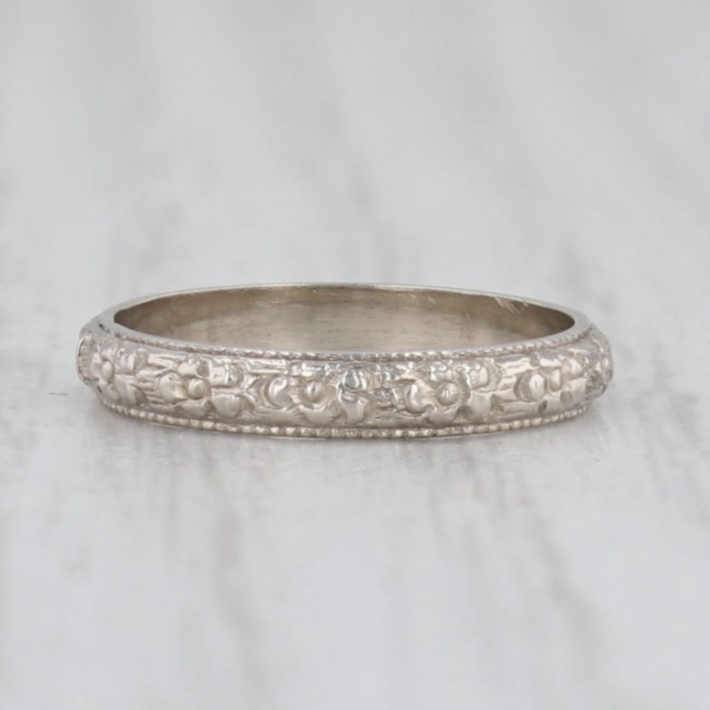 10k White Gold Antique Floral Baby Ring - Dainty Small Size Keepsake Band for Newborns, Christening Gifts & First Birthday Presents