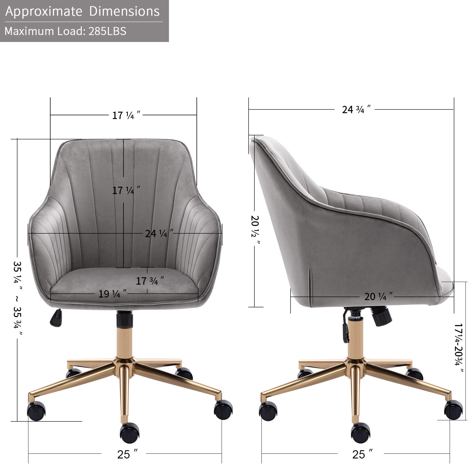 DUHOME Velvet Upholstered Office Chair - Adjustable Height Swivel Rolling Task Chair with Gold Metal Base - Ergonomic Computer Desk Chair for Home Office, Study & Gaming - Grey Modern Workspace Seating