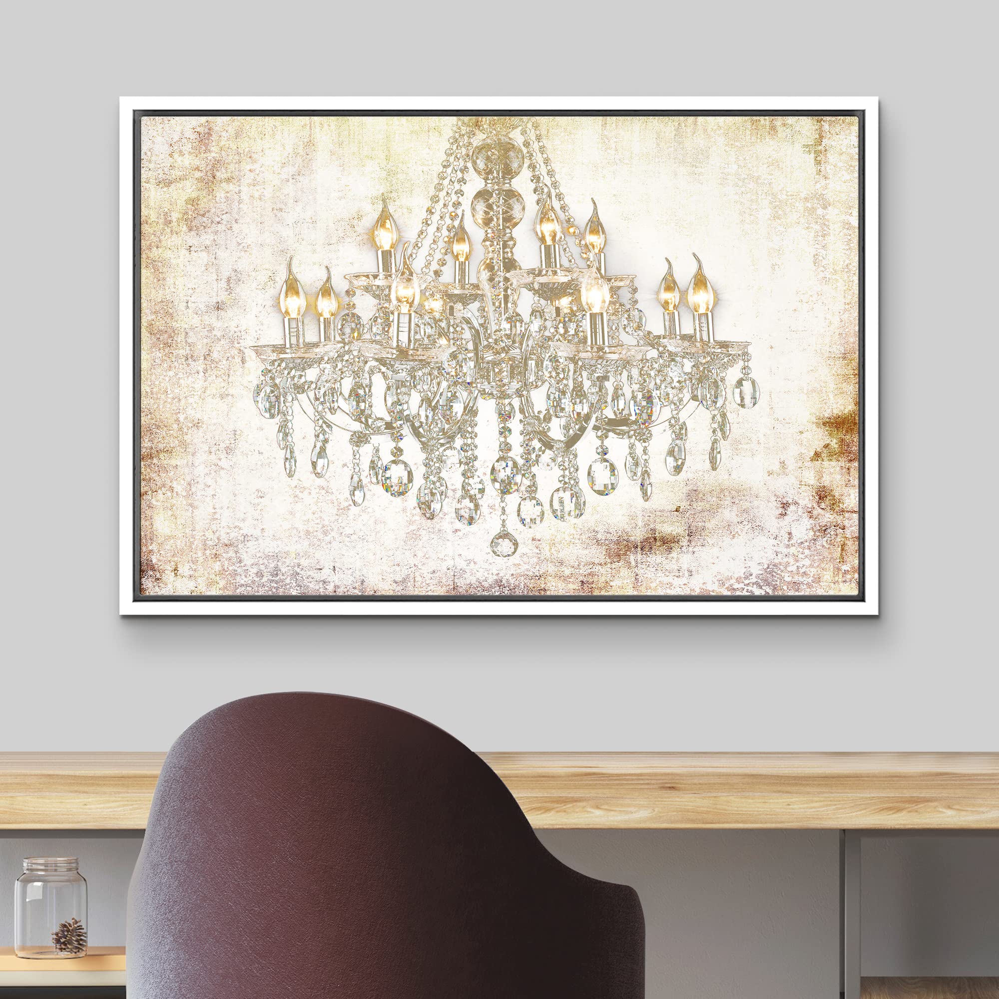 Wall26 Framed Canvas Print - Crystal Chandelier on Grunge Background Modern Art Wall Decor, 24x36 Inches, White Frame - Perfect for Living Room, Bedroom & Office Decor | Digital Art Print for Relaxing & Calming Atmosphere