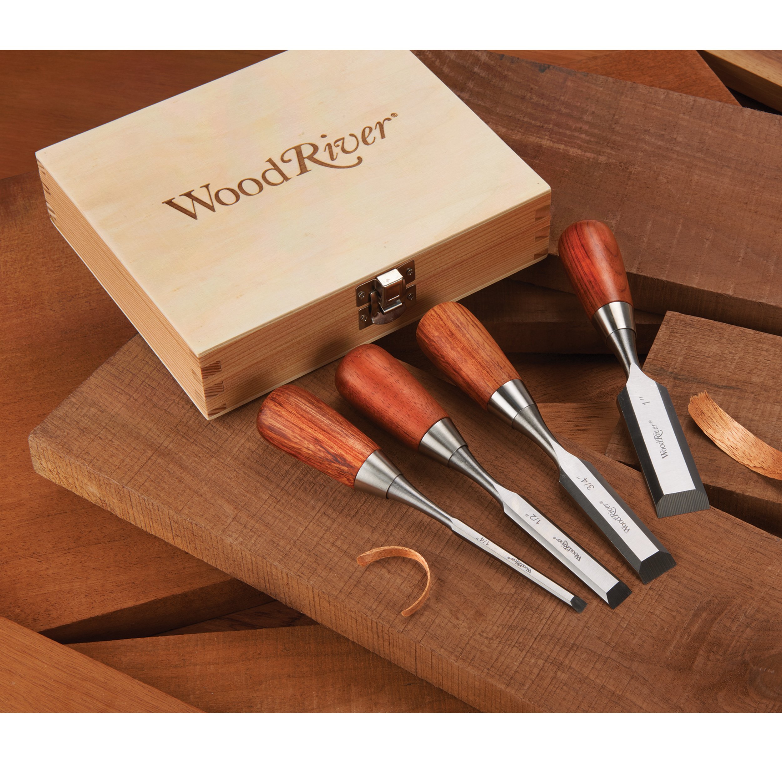 WOODRIVER 4-Piece Premium Woodworking Butt Chisel Set - Sharp Carbon Steel Blades with Ergonomic Handles for Fine Woodworking, Carving & Cabinet Making