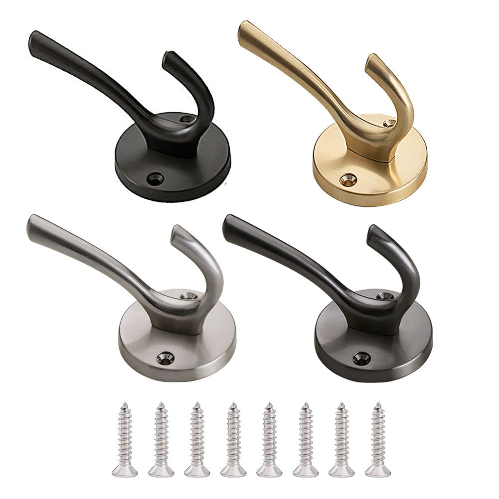 CALIDAKA 4 Pack Gold Wall Hooks - Heavy Duty Metal Coat Hooks for Hanging Coats, Hats & Towels - Double Hooks for Bathroom, Bedroom & Entryway - Rustproof Wall Mounted Hooks for Home & Office Organization