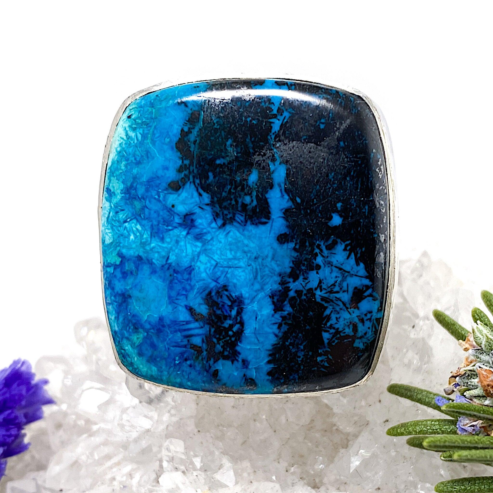 Shattuckite Square Cabochon Ring with Hammered Band - Size 8 - KRGJ526 - Perfect for Boho Jewelry Lovers & Crystal Healing Enthusiasts