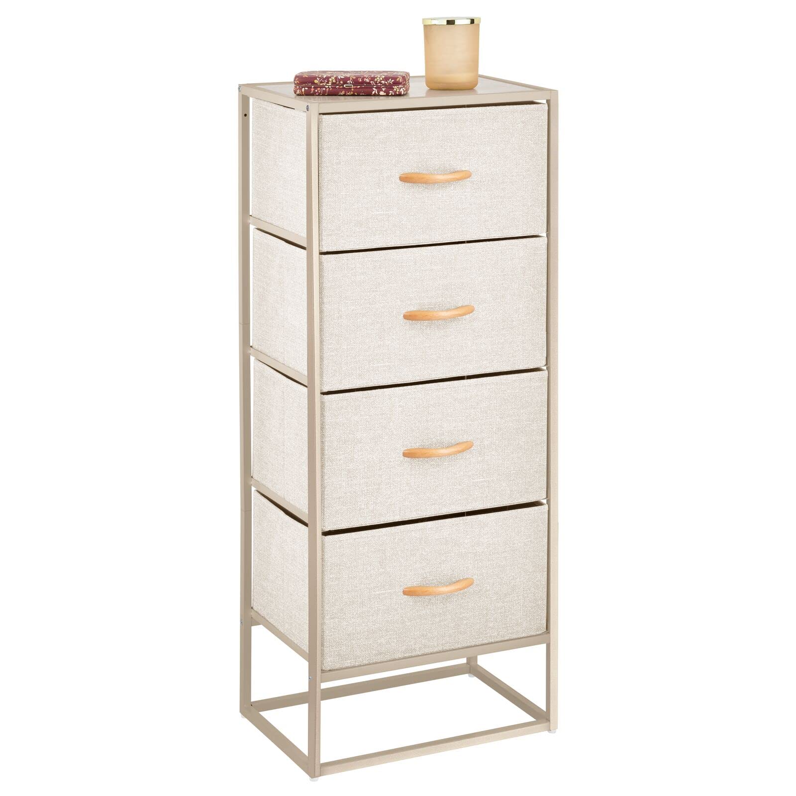 mDesign 4-Drawer Fabric Storage Dresser Organizer - Tall Standing Tower for Bedroom, Office, Living Room & Closet - Removable Cream/Gold Bins - Perfect for Small Space Organization & Home Decor