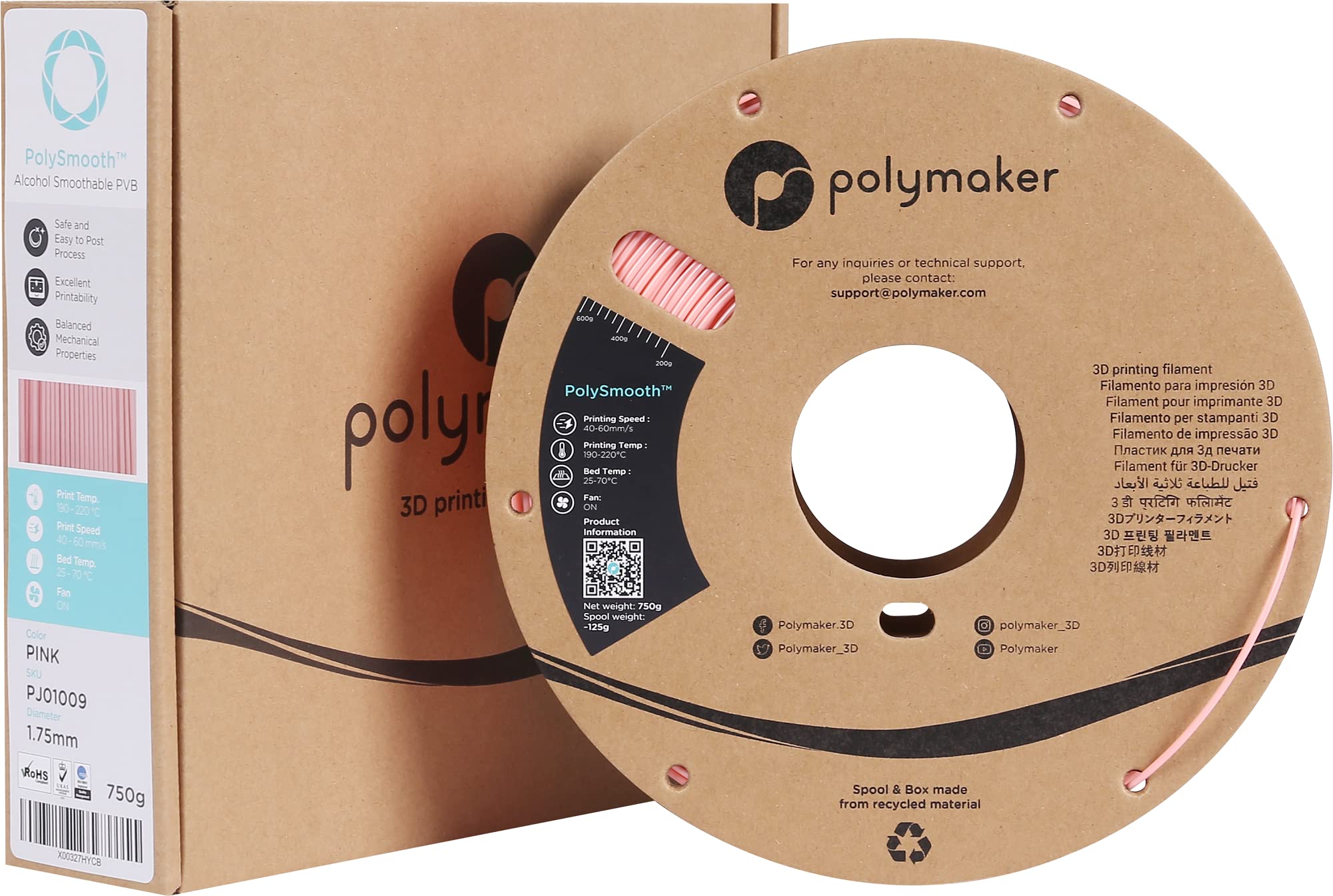 Polymaker PolySmooth PVB 3D Printer Filament 1.75mm - 750g Pink Filament on Cardboard Spool | Easy Smoothing with IPA Alcohol | Compatible with Polysher | Ideal for Cosplay Props, Miniatures & Artistic 3D Prints