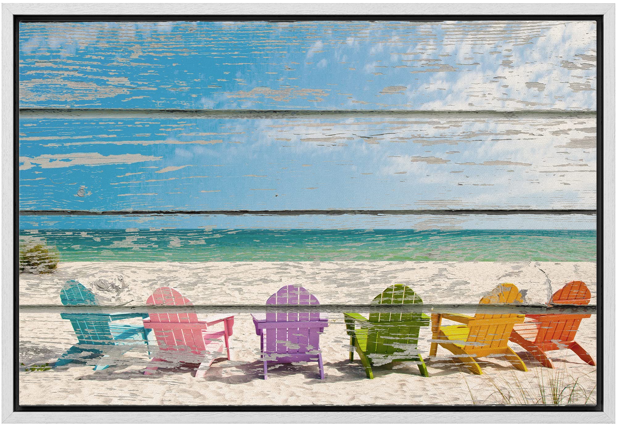 Wall26 Framed Canvas Print - Rainbow Beach Chairs Ocean Scenery Wall Art for Living Room, Bedroom, Office Decor | 24x36 Inch Coastal Photography | Nautical Wood Panel Artwork | Perfect for Beach House, Vacation Rental & Coastal Themed Spaces