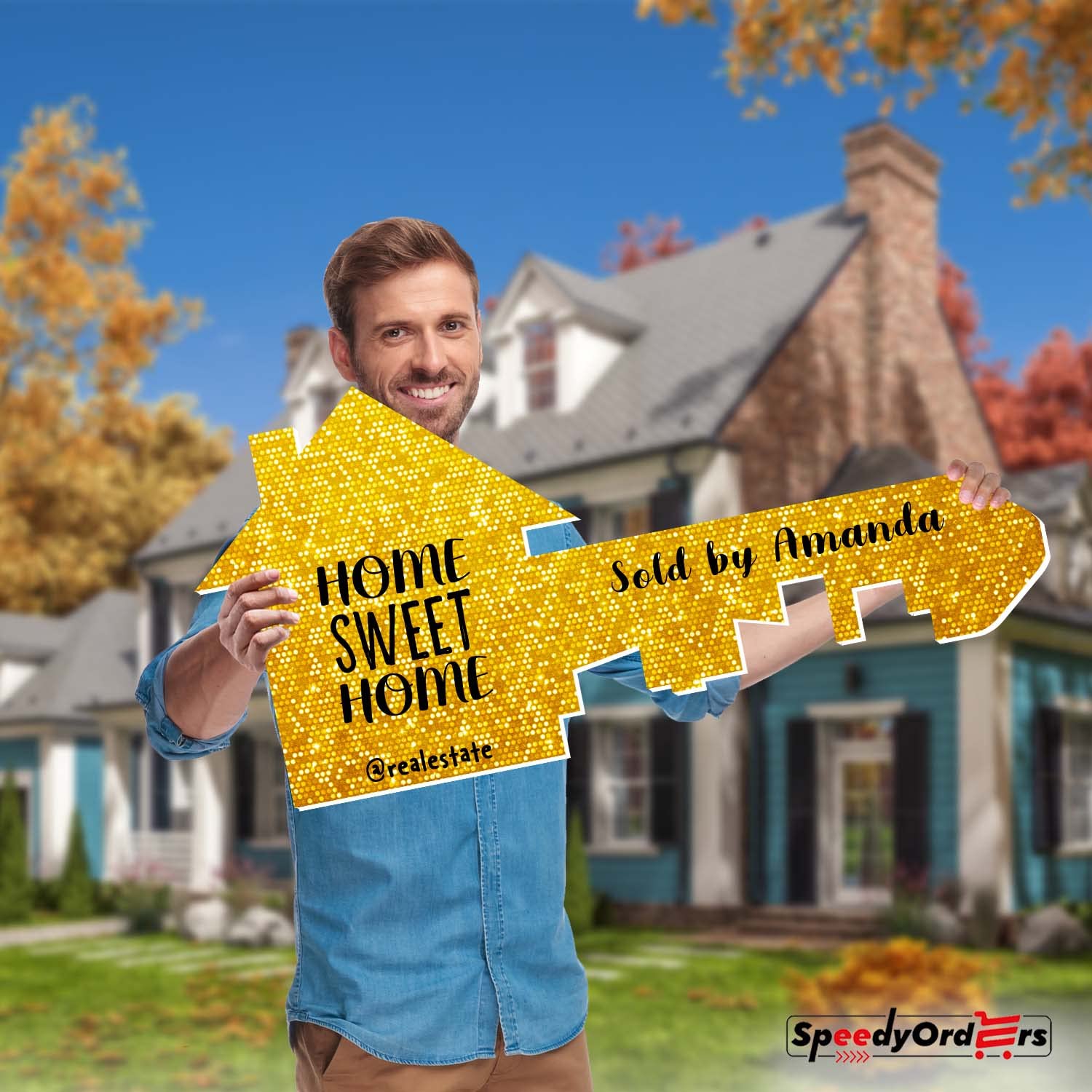 Custom Photo Props - Giant Realtor Key with Gold Sparkle (Size L) - Real Estate Sold Sign, Marketing Supplies & Closing Gifts for Agents - Perfect for Open Houses, Client Celebrations & Social Media Promotion