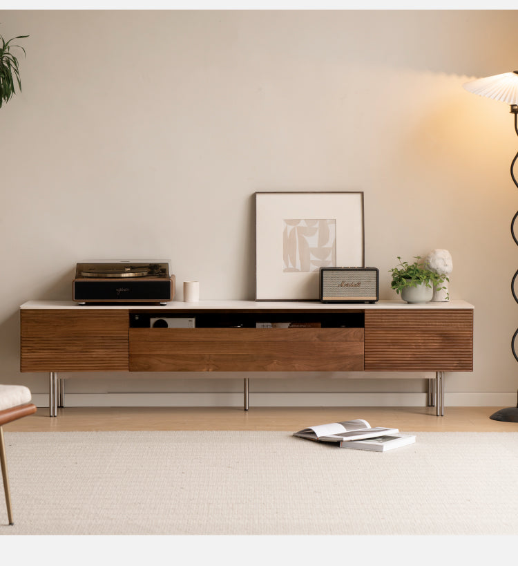 Modern Black Walnut Solid Wood TV Stand with Rock Panel Design - Stylish Entertainment Center for Living Room, Home Theater & Media Storage