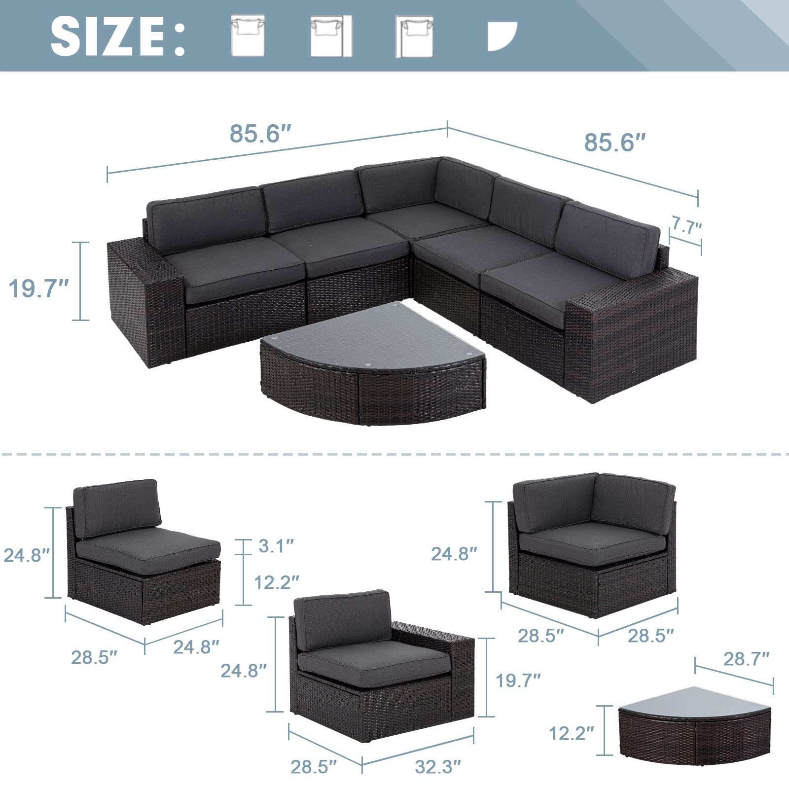 6-Piece Outdoor Sectional Sofa Set - Patio Wicker Furniture with Tempered Glass Table & Cushions (Grey) - Perfect for Backyard, Garden, Poolside & Outdoor Conversations