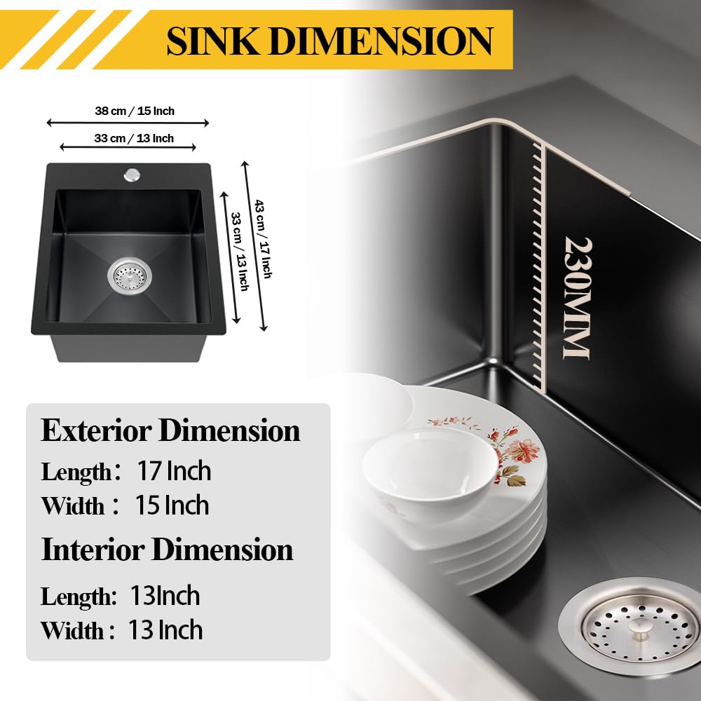 15x17x9 Inch Black Stainless Steel Topmount Bar Sink - Single Bowl Drop-In Kitchen Sink Combo with Grid, Drain Basket & Faucet Mat | Modern Kitchen Upgrade for Small Spaces & Bar Areas