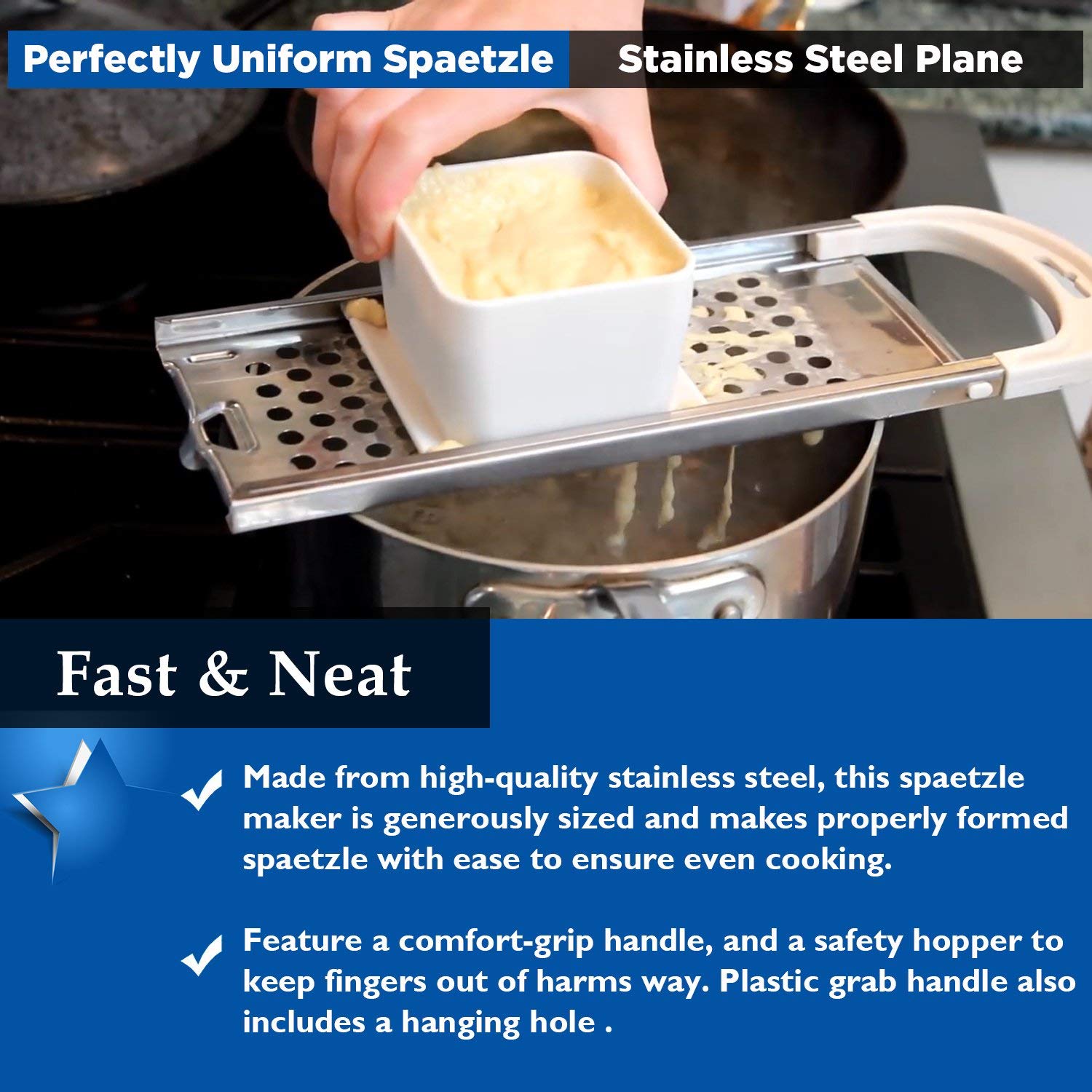Premium Stainless Steel Spaetzle Maker - German Noodle & Dumpling Press with Safety Pusher - Perfect for Homemade Spaetzle, Pasta & Asian Dumplings