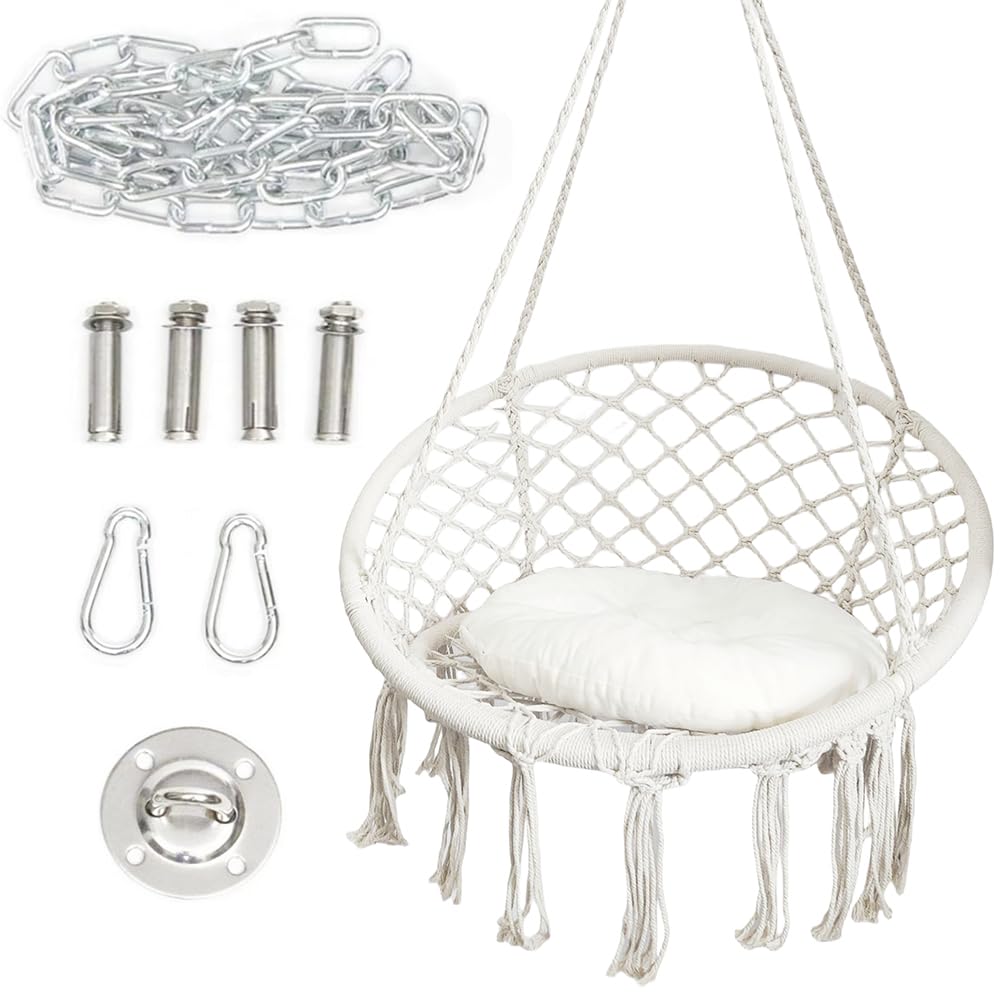 Comfortable Cotton Rope Hammock Swing Chair with Cushion & Hardware Kit - Indoor/Outdoor Hanging Chair for Balcony, Bedroom, Porch - Supports 330 lbs - Perfect Relaxation for Kids & Adults