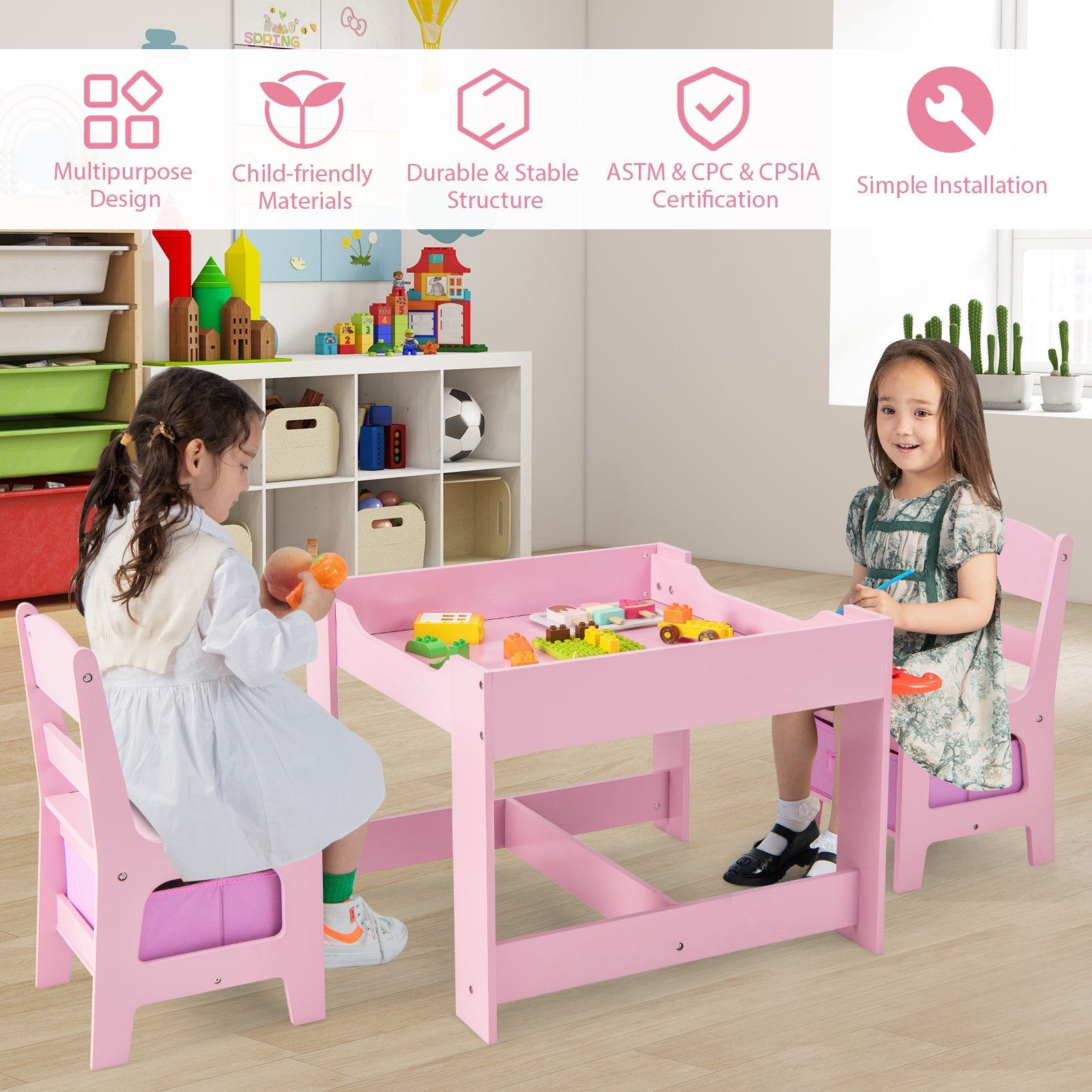Kids Table and Chairs Set with Storage Boxes & Blackboard Whiteboard - Pink Drawing Activity Furniture for Toddlers, Perfect for Playroom, Classroom or Home Learning Space