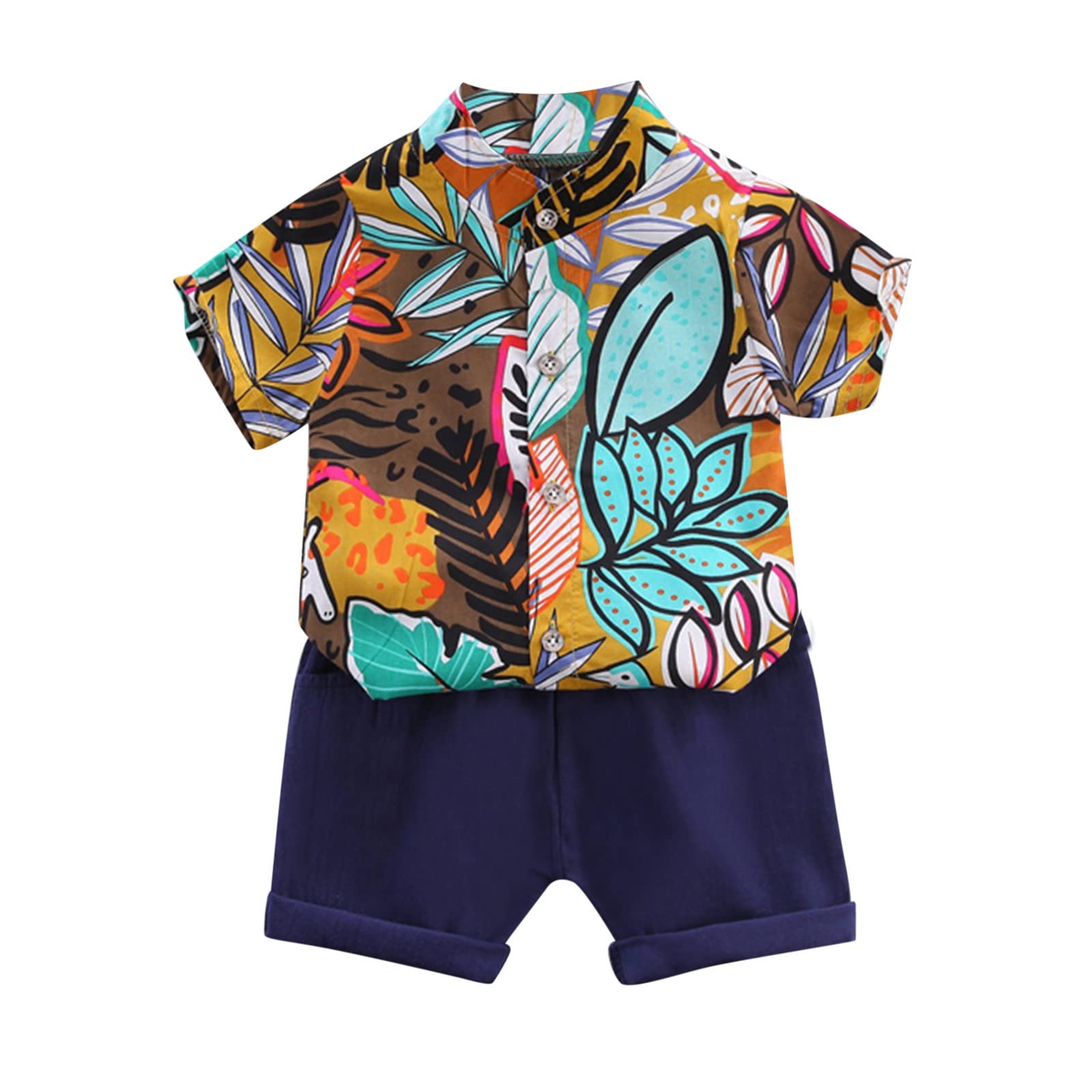 Boys' Hawaiian Floral Summer Outfit Set - 2-Piece Lapel Button Down Shirt & Bermuda Shorts | Toddler Beach Vacation Clothes, Tropical Theme Party Outfits