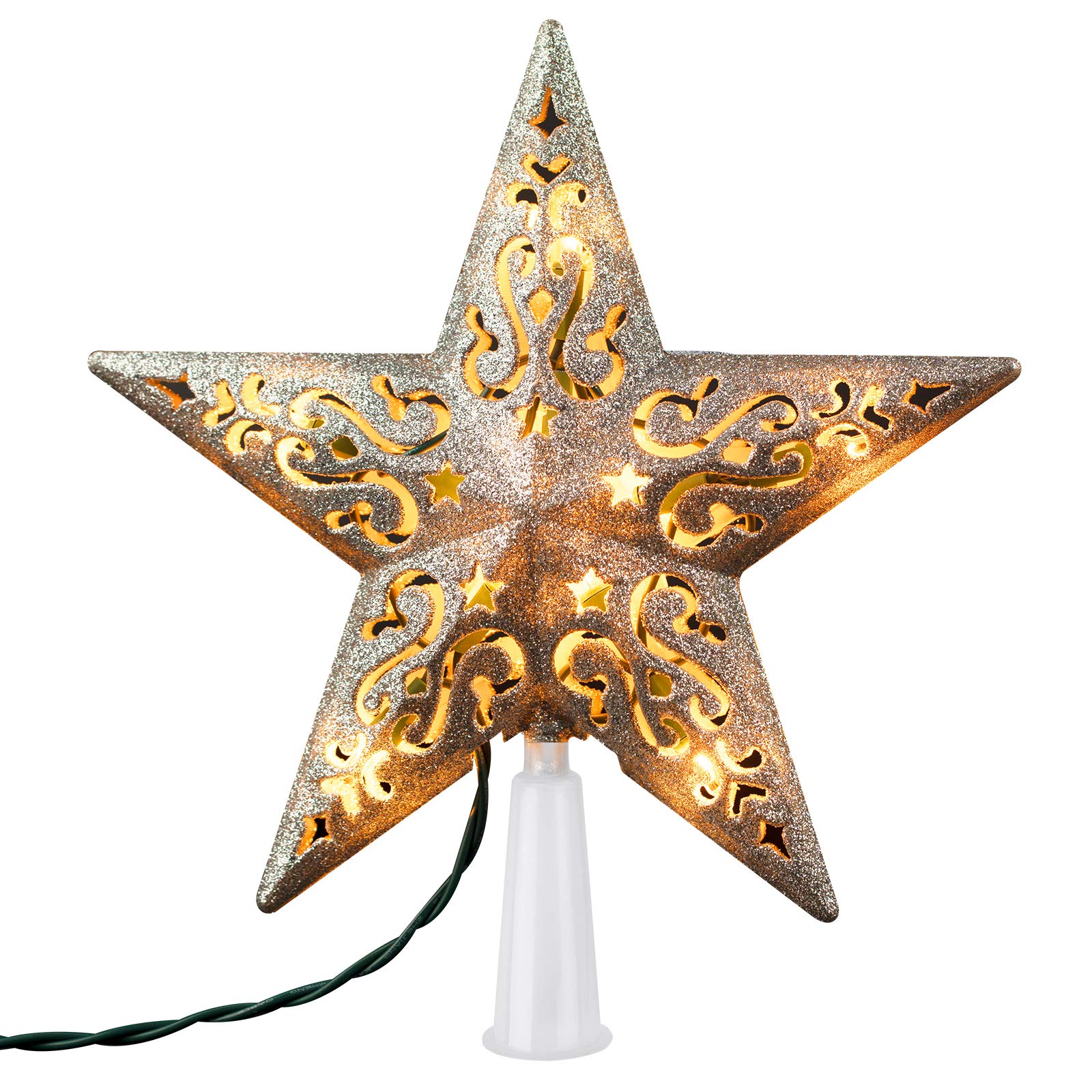8 Inch Silver Christmas Star Tree Topper with 10 LED Lights - 3D Hollow Pentagram Design, Includes 4 Spare Bulbs & 2 Fuses - Perfect Holiday Decor for Christmas Trees, Home & Party Decoration