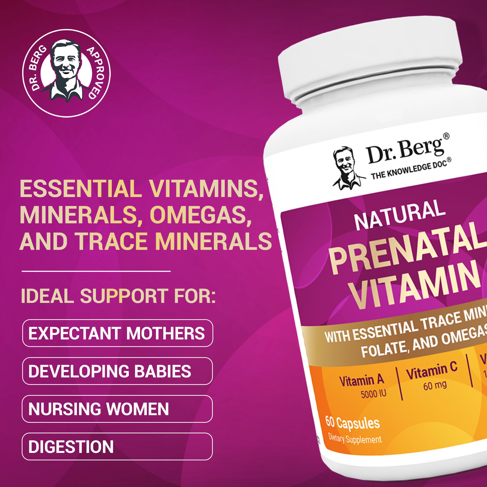 Dr. Berg Natural Prenatal Vitamins for Women - Prenatal Multivitamin with Folate, Omega-3, 11 Superfoods & Essential Minerals (60 Capsules) - Supports Healthy Pregnancy, Breastfeeding & Fetal Development