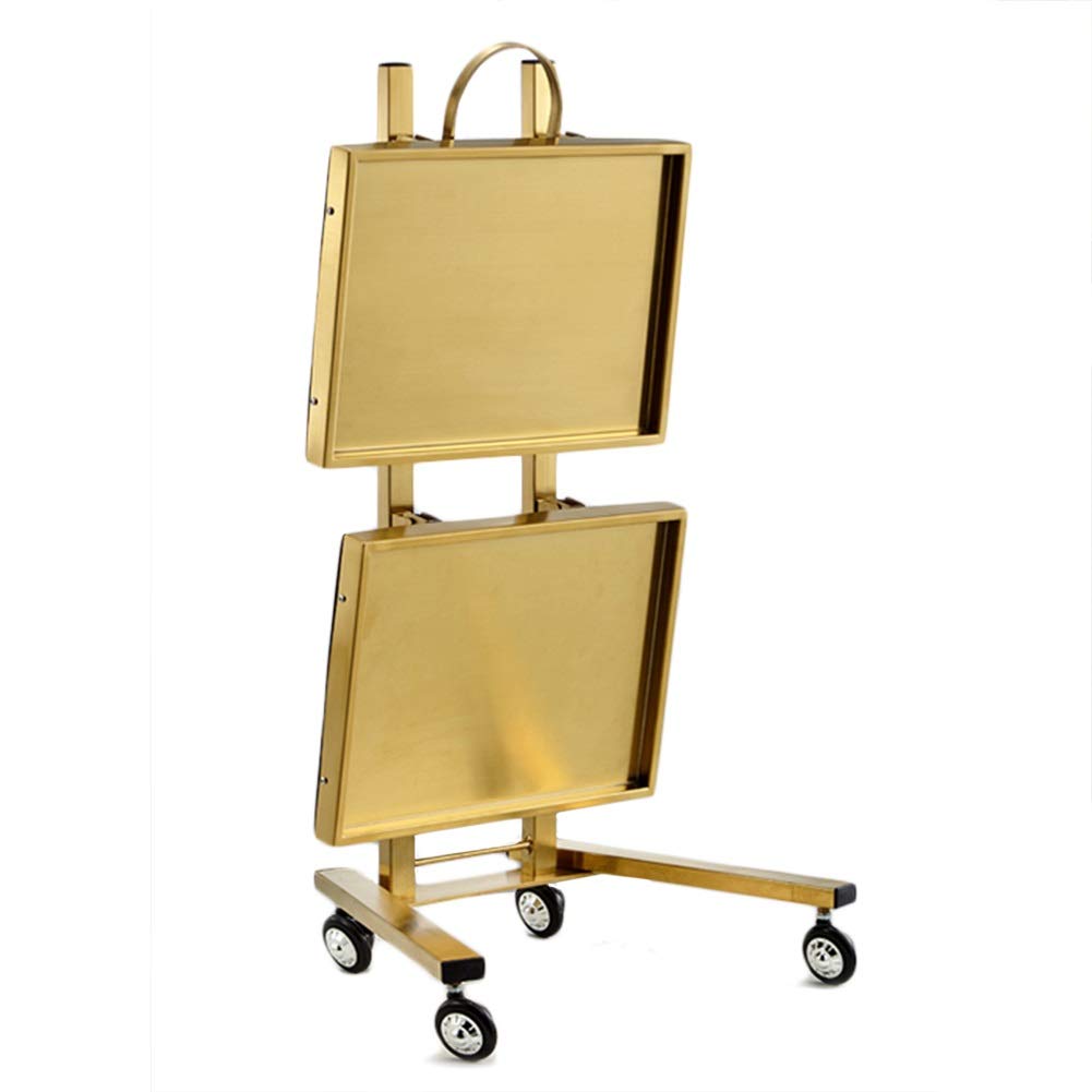 Stainless Steel 2-Tier Collapsible Utility Cart with Wheels - Gold Salon Storage Stand for Tattoo Shop, Beauty Salon & Home Organization | Heavy Duty & Portable Trolley Tray for Supplies & Tools