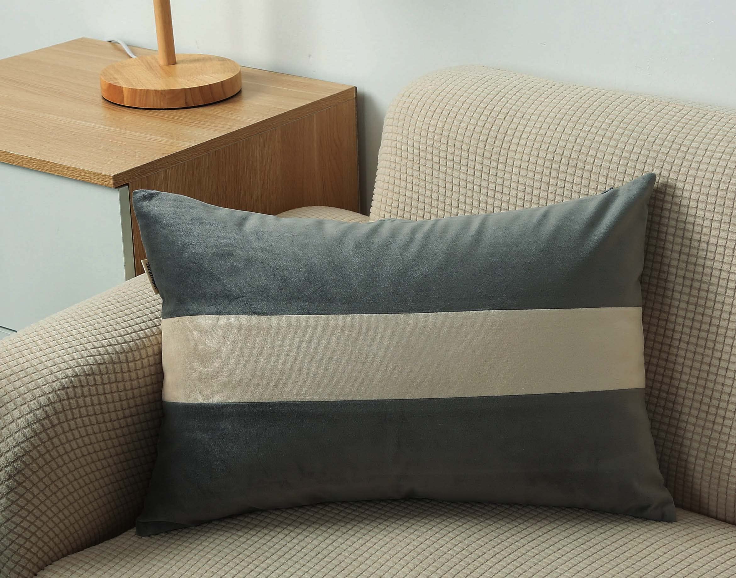Premium Set of 2 Heavy Velvet Decorative Throw Pillow Covers - Cream White Striped Super Soft Cushion Cases (12x18 Inch) for Sofa, Bed, Outdoor Furniture - Lumbar Pillow Shells Indoor/Outdoor Use - Middle Grey