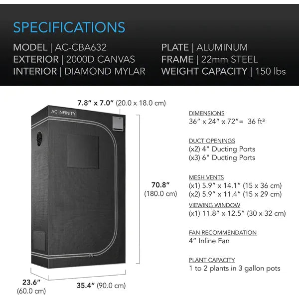 AC Infinity 2x3 ft Grow Tent with Ventilation Kit - Complete Indoor Gardening Setup for Hydroponics & Plant Cultivation