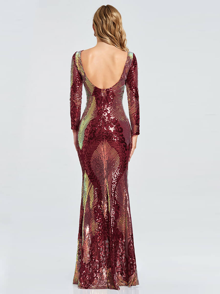 Elegant Burgundy Backless Long Sleeve Sequin Maxi Mermaid Evening Gown for Women | Formal Prom, Wedding Guest & Special Occasion Dress
