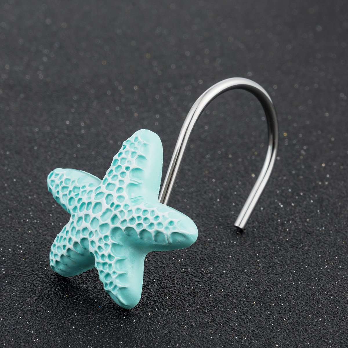 12-Pack Rust-Resistant Chrome Plated Iron Shower Curtain Hooks with Blue Starfish Resin Design - Bathroom Decor for Coastal, Nautical & Beach Theme Showers