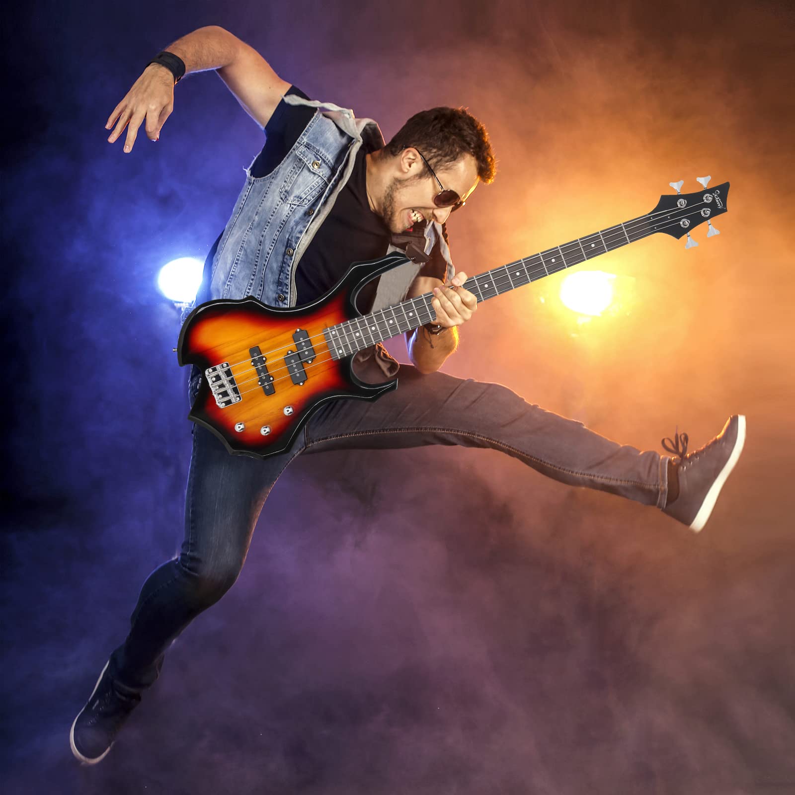 GLARRY 4-String Electric Bass Guitar with Buring Fire Design - Single Coil & Split Coil Pickups for Beginners & Adults (Right Hand) - Includes 20W Amp, Gig Bag, Strap & Cable (Sunburst) - Perfect for Rock, Jazz & Home Practice Sessions
