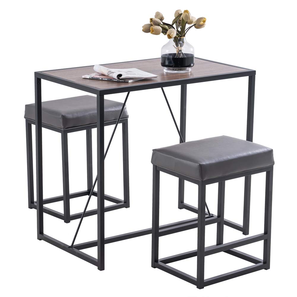 3 Piece Dining Table Set for 2 - Walnut Finish Table with 2 Gray PU Stools - Perfect for Small Spaces, Breakfast Nooks & Cozy Apartments