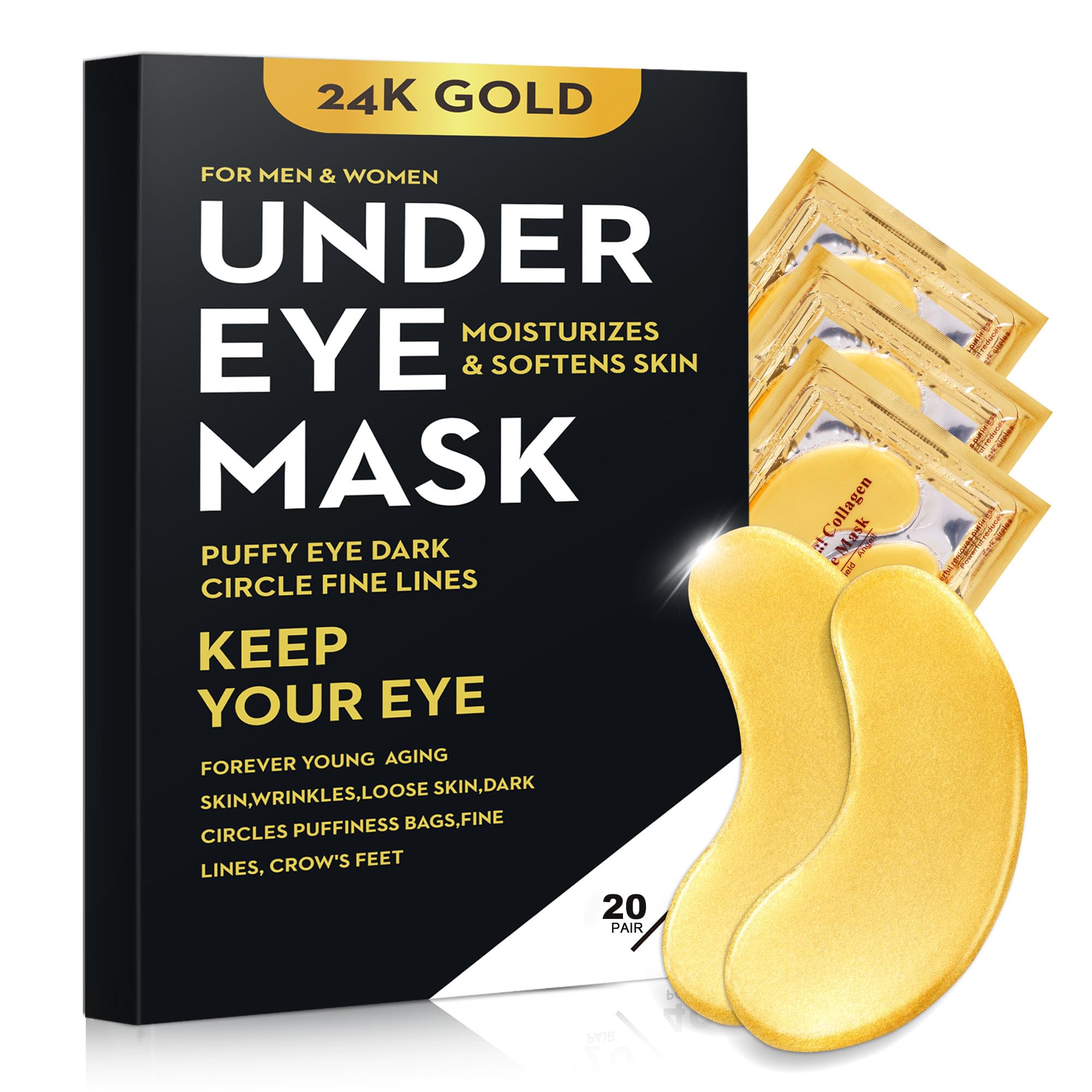40 Pcs 24K Gold Collagen Under Eye Masks - Dark Circle & Puffiness Treatment, Anti-Wrinkle Eye Patches for Refresh & Revitalize | Perfect for Travel, Spa Days & Nighttime Skincare Routine