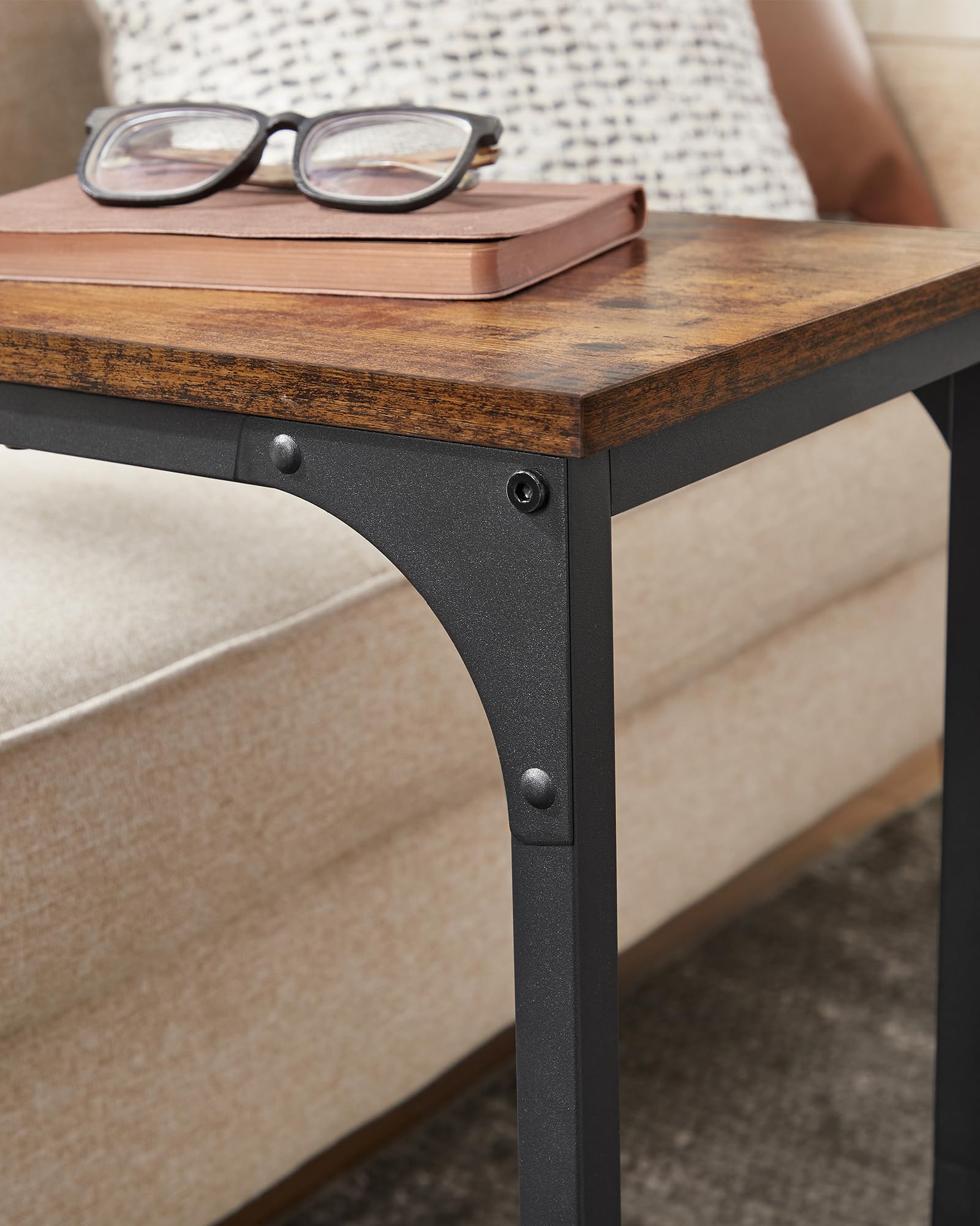 VASAGLE C-Shaped End Table with Metal Frame - Small Side Table for Couch, Sofa, Living Room, Bedroom, Nightstand - Rustic Brown & Black - Perfect for Holding Drinks, Books, and Lamps by Your Bed or Couch