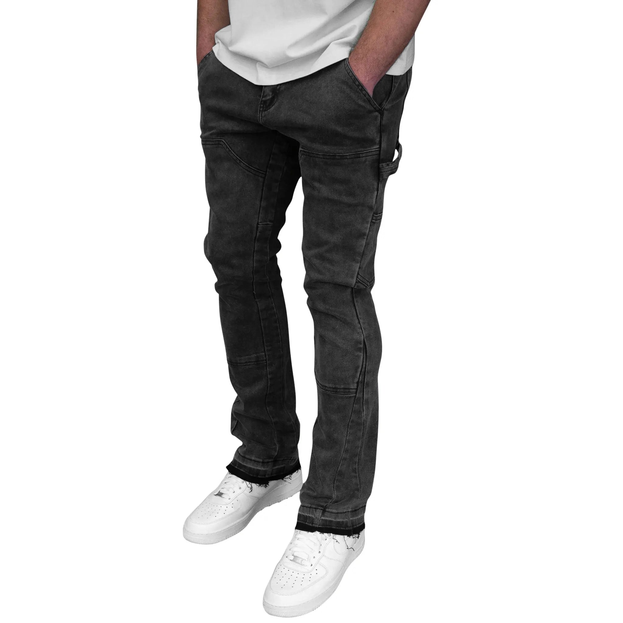 SIARR Carpenter Jeans for Men - Washed Black Denim Work Pants with Utility Pockets | Durable & Comfortable for Construction, Woodworking & Outdoor Work