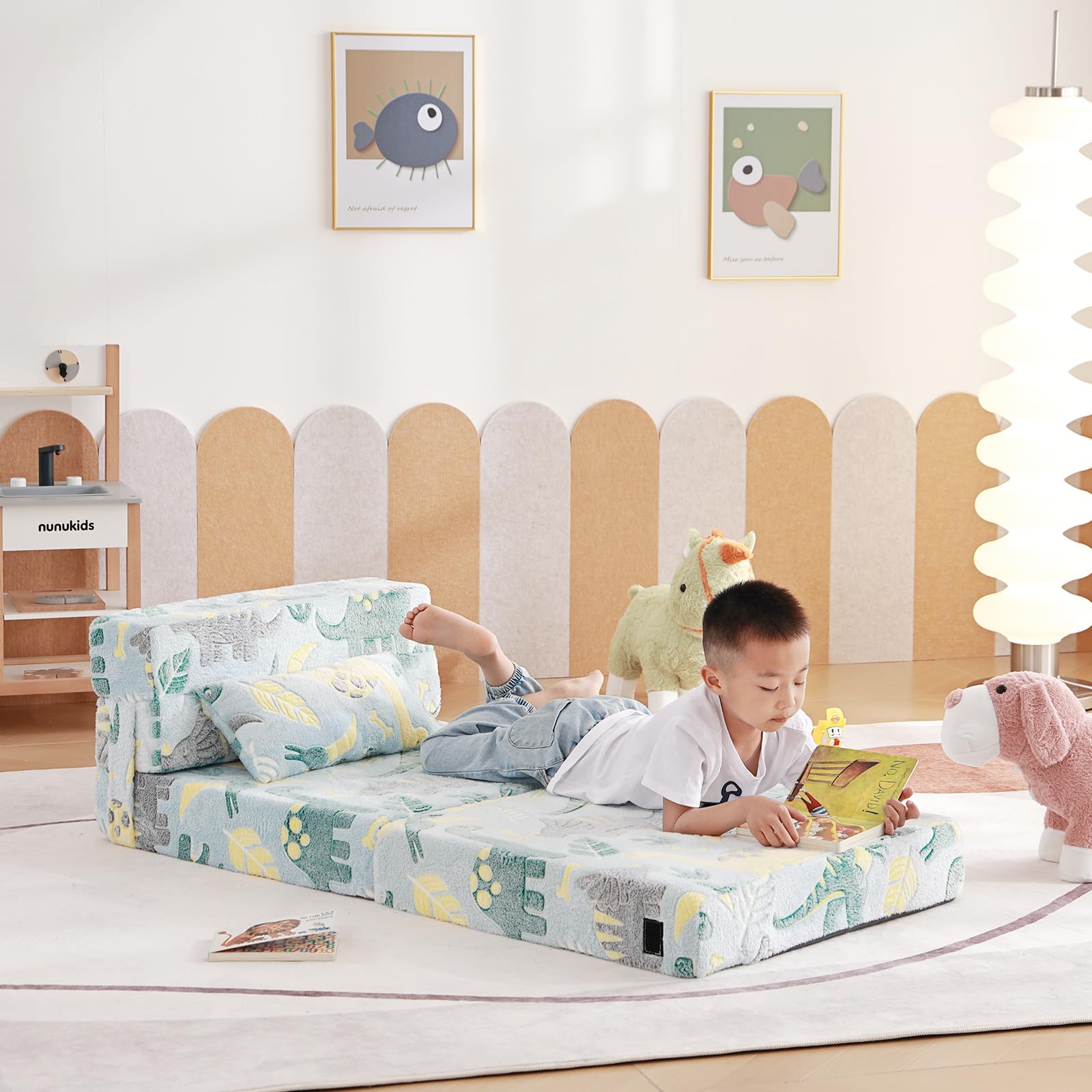 Tiita Kids Folding Sofa Bed - Convertible Toddler Floor Bed & Nap Mat with Storage Bag | Green Dinosaur Design | Perfect for Playrooms, Daycare & Sleepovers