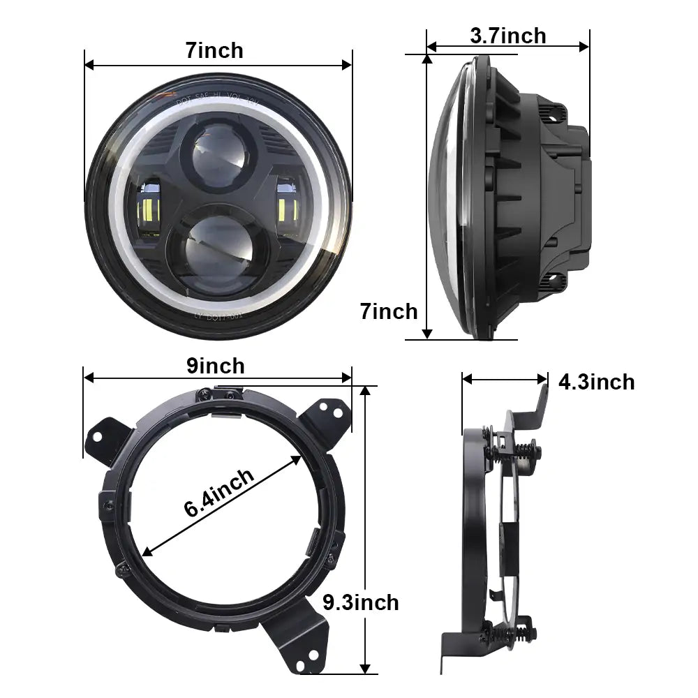 LOYO 7 LED Spider Headlight with Halo DRL + 9 LED Mounting Bracket Ring Compatible with 2018-2023 Jeep Wrangler JL & Gladiator - Off-Road Lighting Upgrade for Night Driving & Adventure