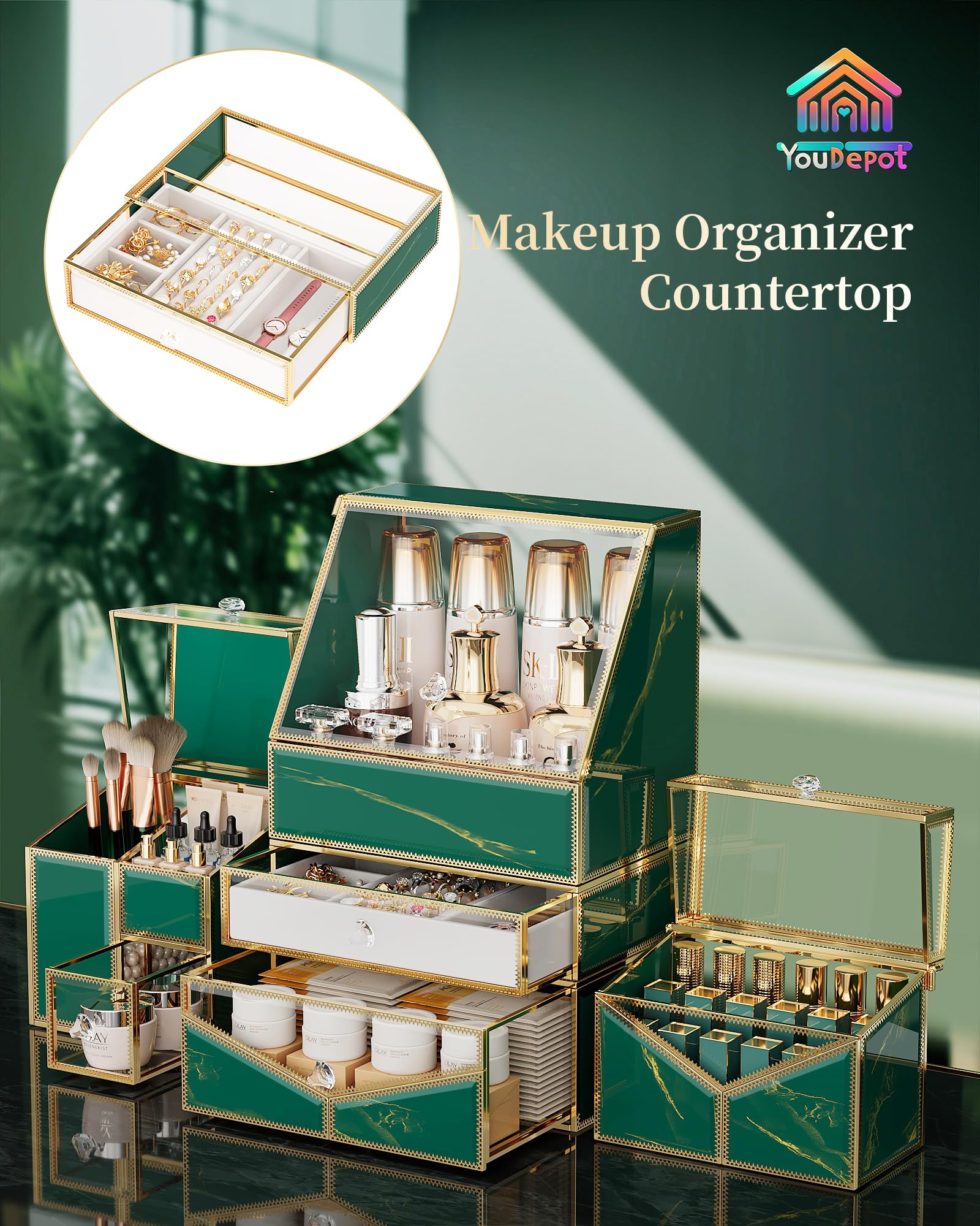 Premium Stackable Tempered Glass Makeup Organizer for Vanity & Bathroom - Cosmetic, Skincare, Jewelry, Lipstick, Perfume & Brush Storage | Perfect for Countertop Organization & Small Space Solutions