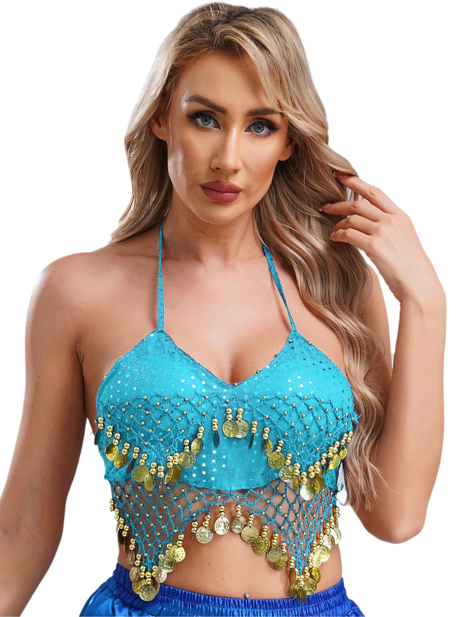 iiniim Women's Glitter Sequins Belly Dance Bra Top - Halter Beaded Tassel Crop Top for Belly Dancing, Performances & Costume Parties | Perfect for Dance Shows, Halloween & Festive Events