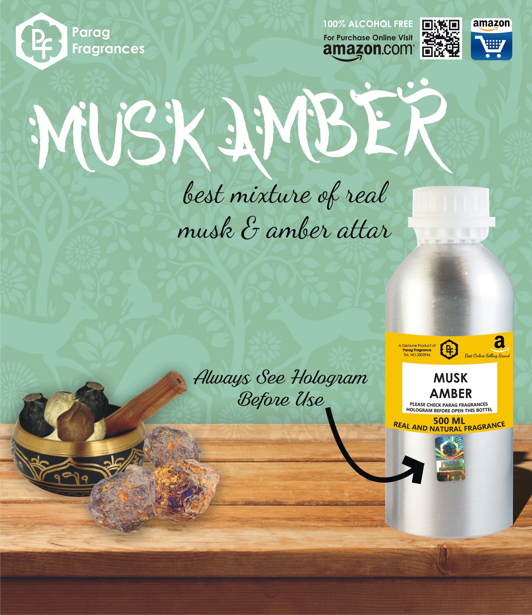 Premium Musk Amber Attar 500ml - Natural Blend of Musk & Amber Fragrance | Alcohol-Free Perfume Oil for Men | Long-Lasting Scent for Daily Wear, Special Occasions & Gifting | Unisex Arabian Attar Oil for Resale & Personal Use