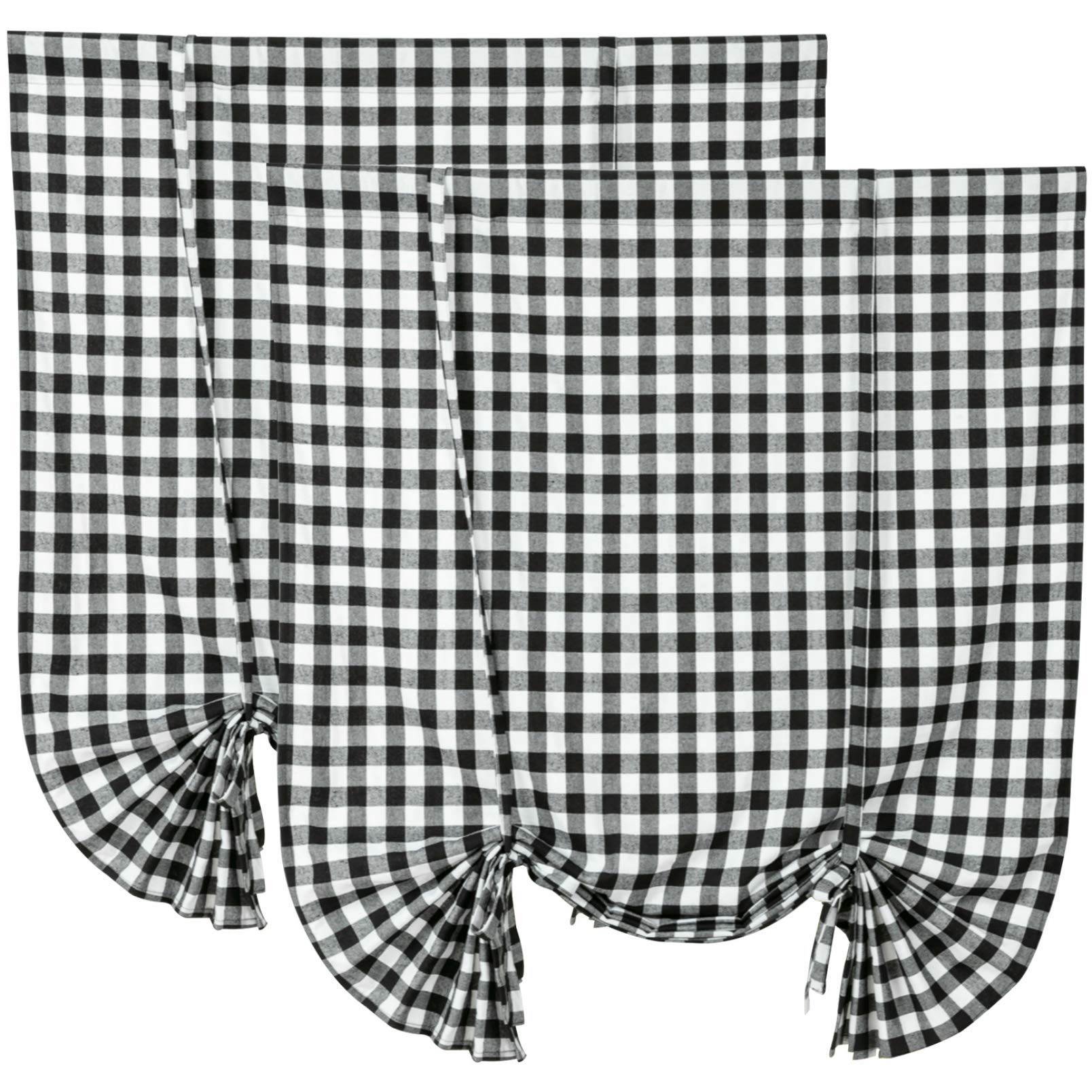 2 Pack Buffalo Check Plaid Tie-Up Window Curtains 42x63 Inches - Farmhouse Style Gingham Rod Pocket Kitchen Shades in White & Black for Cozy Home Decor