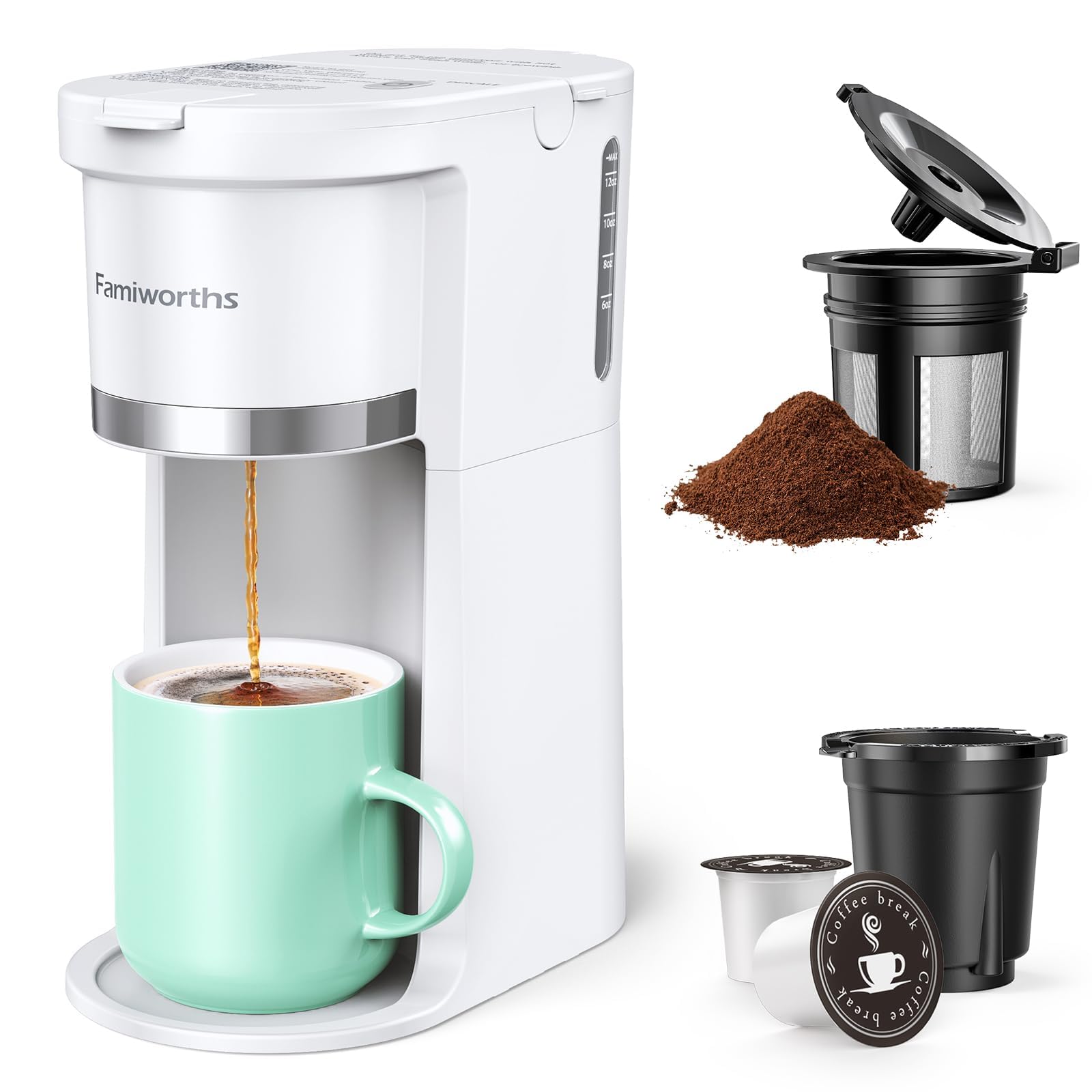 Famiworths Mini Single Serve Coffee Maker for K-Cup & Ground Coffee - 6 to 12 Oz Brew Sizes, Compact Capsule Coffee Machine with Water Window & Descaling Reminder (White) - Perfect for Home, Office, Dorm & Travel Use